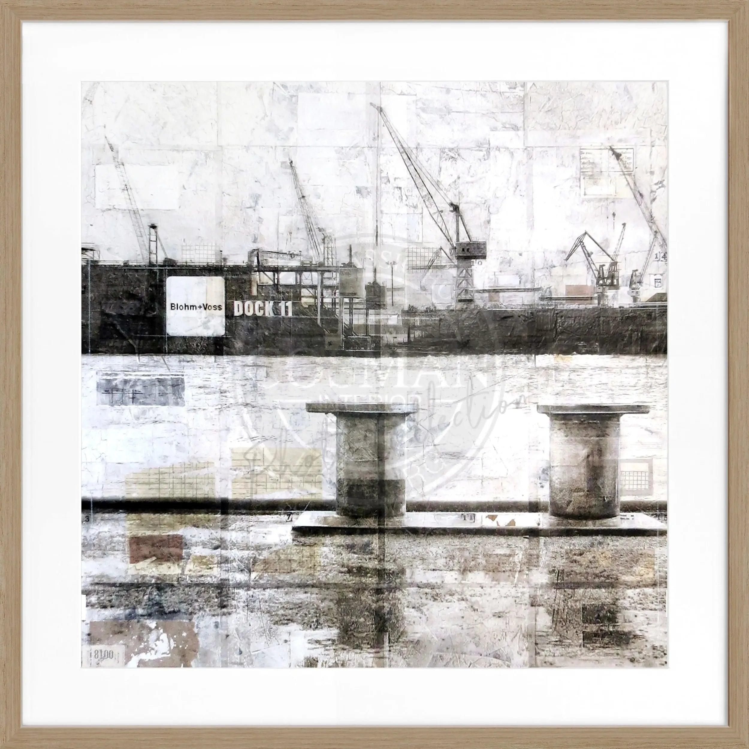Schwarzweiß-Poster mit Rahmen ’Poller Hafen’ Hamburg von Cosman-Photocollection, quadratisches Bild, 55x55 cm