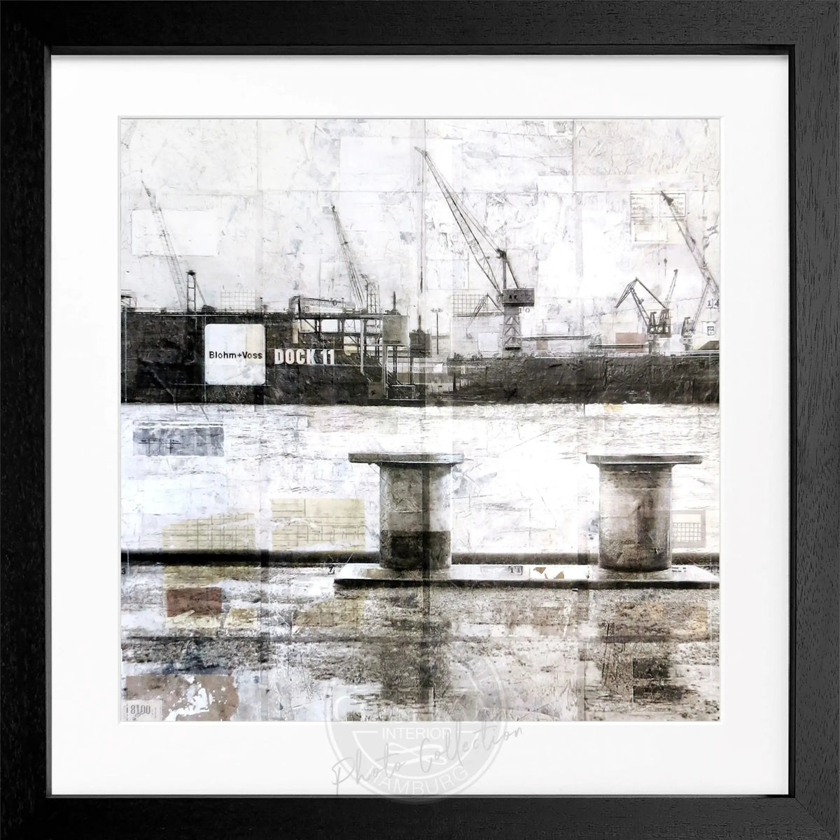 Schwarzweiß-Poster mit Rahmen, Hamburg Poller Hafen Motiv, 55x55 cm, von Cosman-Photocollection, maritime Stadtansicht