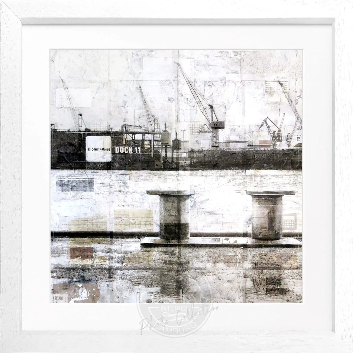 Schwarzer Rahmen um das Poster ’Poller Hafen’ Hamburg von Cosman-Photocollection, quadratisch, 55x55cm, stimmungsvoller Hafenblick
