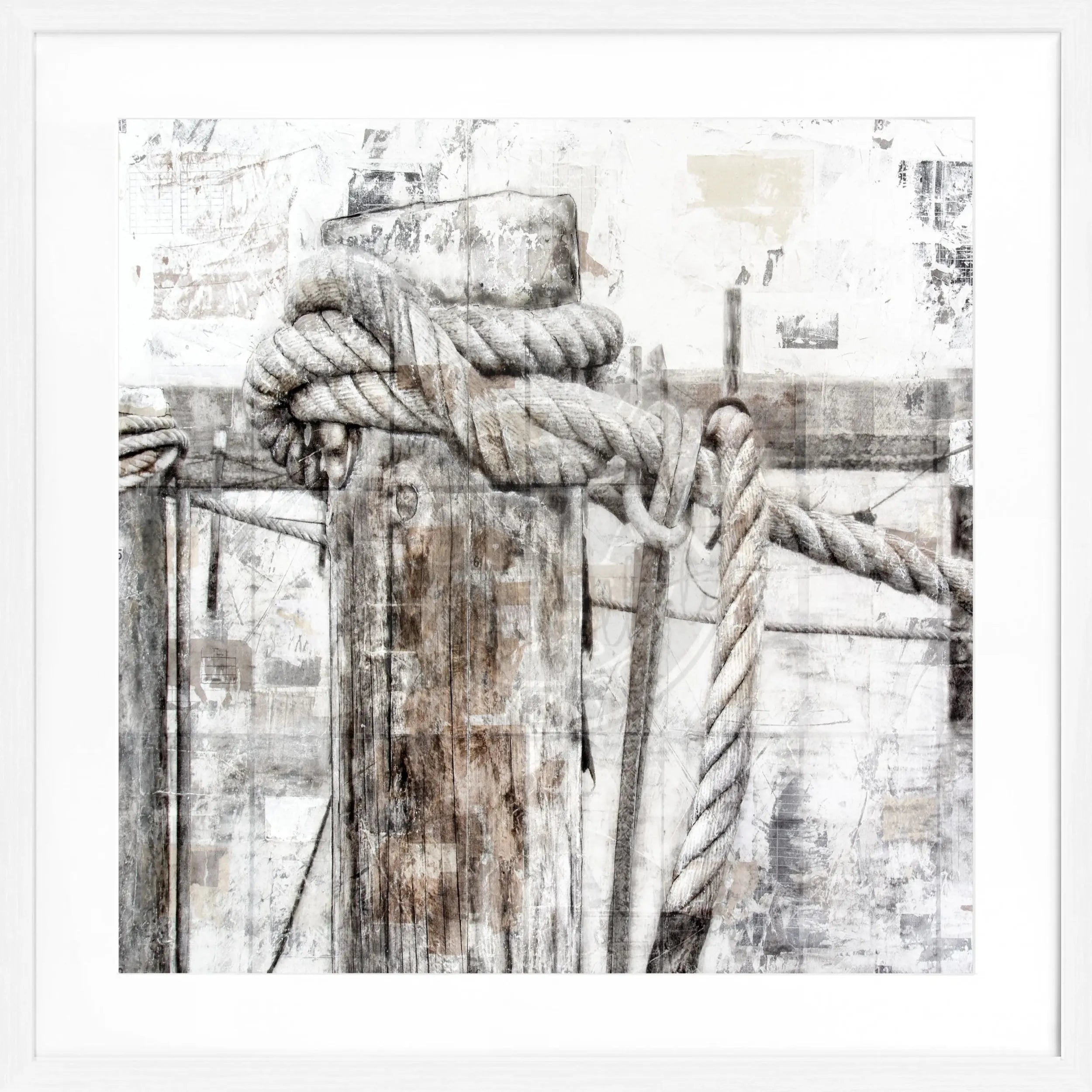 Schwarzweißer Poster mit Rahmen ’Poller’ Sylt von Cosman-Photocollection, quadratisch 55x55cm, detailreiche Meeres- und Leuchtturmansicht
