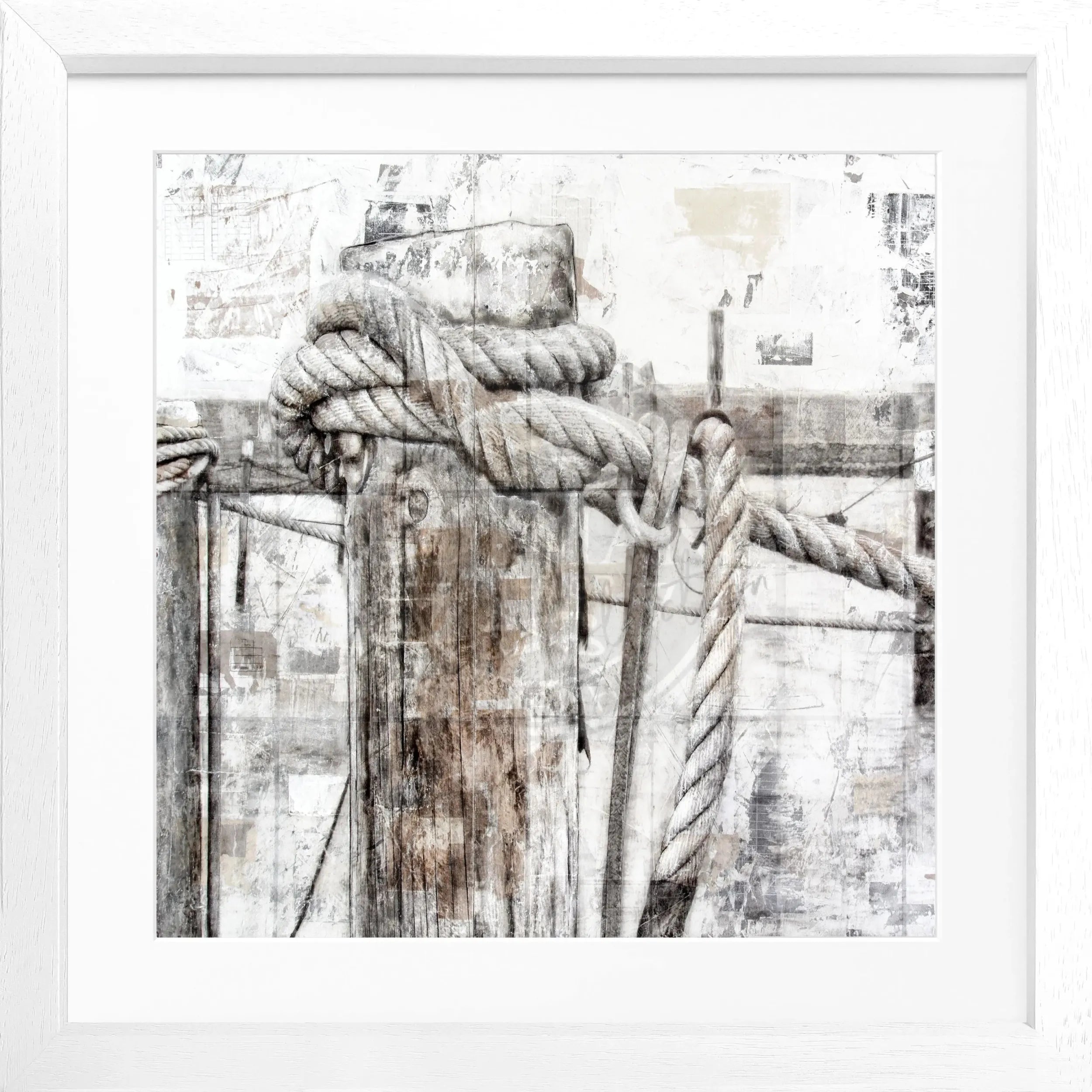 Schwarz-weißes Poster mit Rahmen ’Poller’ Sylt von Cosman-Photocollection, quadratisch 55x55 cm, Wanddekoration mit Meeresmotiven