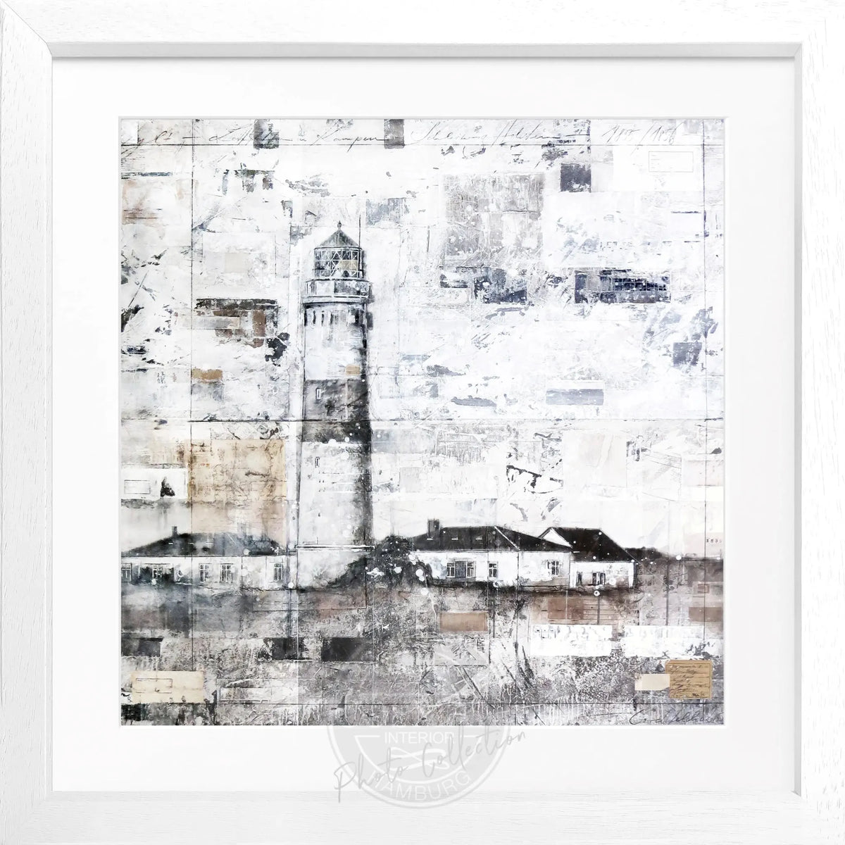 Schwarz-weiß Poster mit Rahmen von Cosman-Photocollection, zeigt den Leuchtturm auf Sylt, 55x55 cm, quadratisch, dekoratives Wandbild