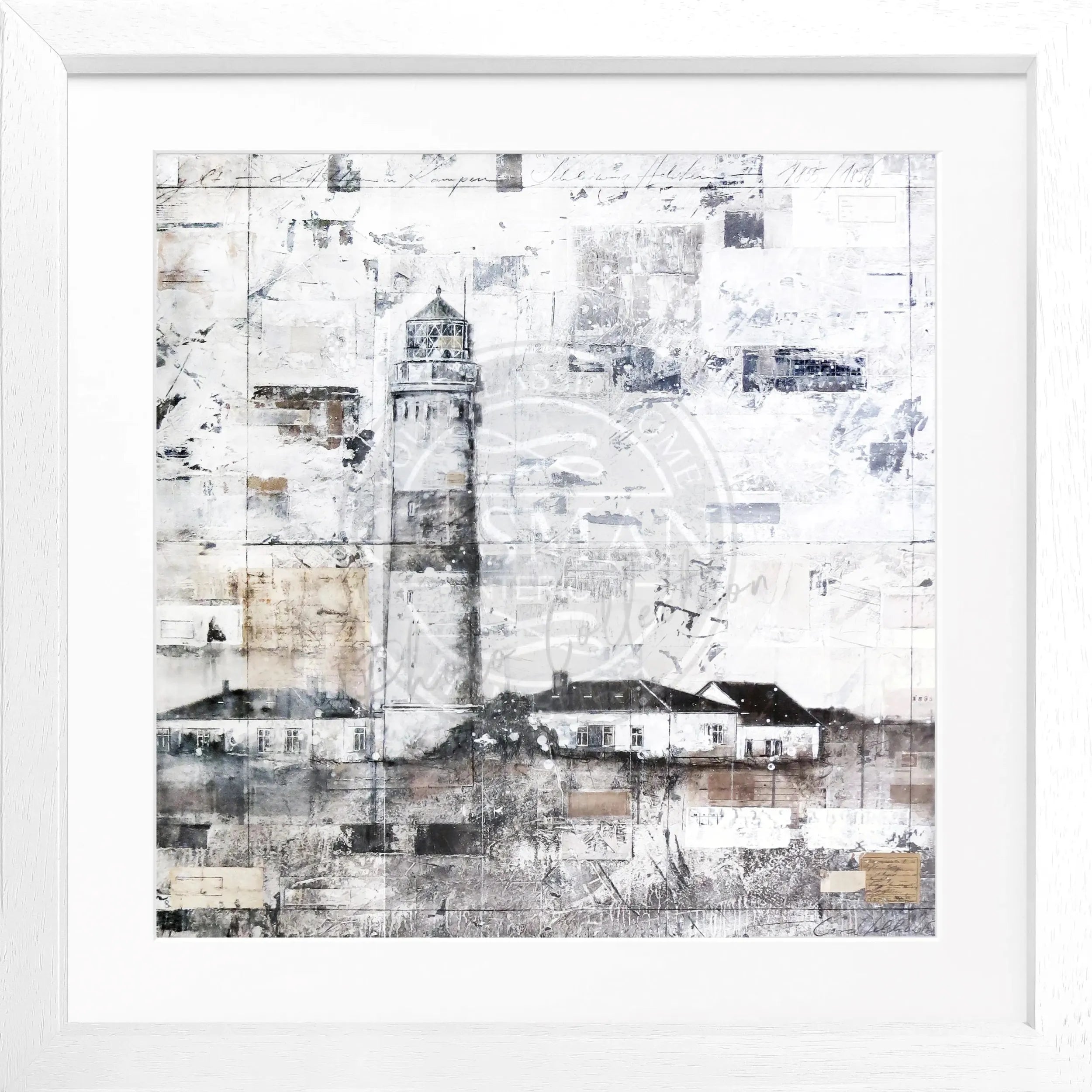 Schwarz-weiß Poster mit Rahmen von Cosman-Photocollection, zeigt den Leuchtturm auf Sylt, 55x55 cm, quadratisch, dekoratives Wandbild