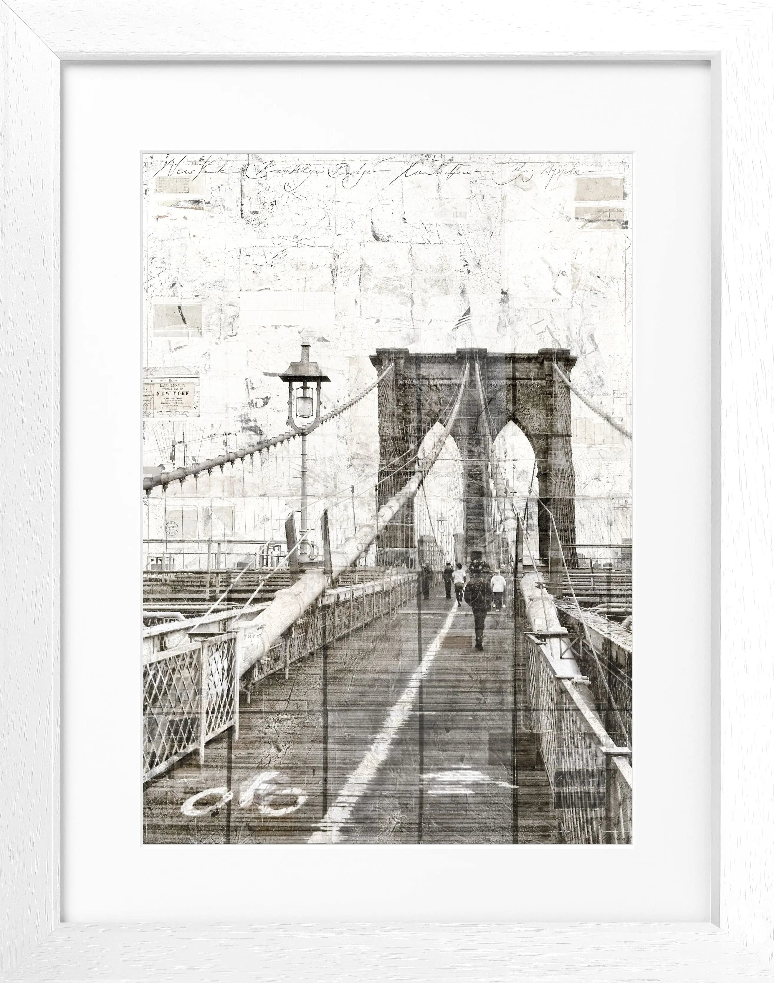 Schwarz-weiß Poster mit Rahmen von der Brooklyn Bridge, von Cosman-Photocollection, 25cm x 31cm, stilvolles Wandbild
