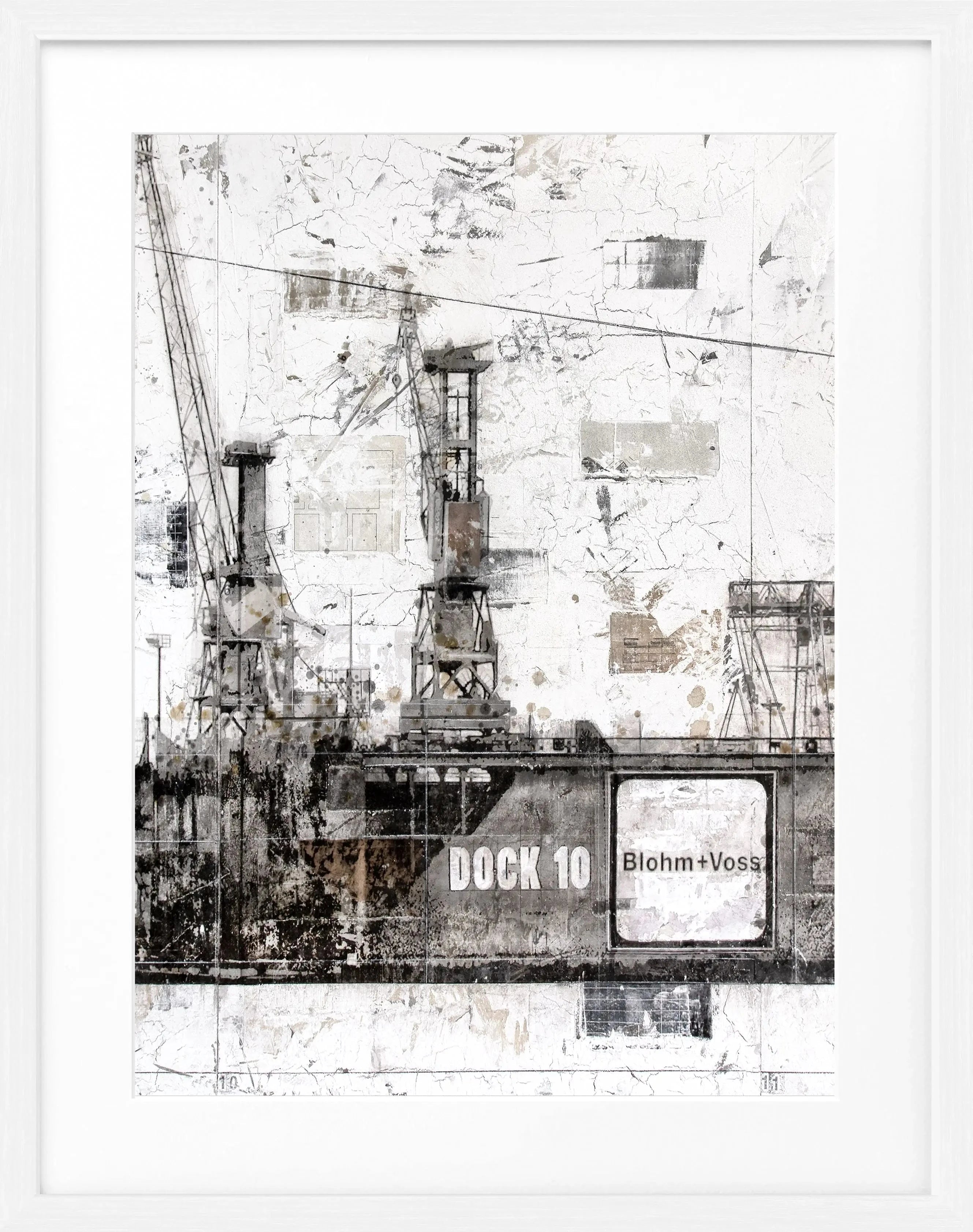Schwarzweiß-Poster mit Rahmen, Hamburg Dock 10, von Cosman-Photocollection, abgebildet in 25x31 cm.