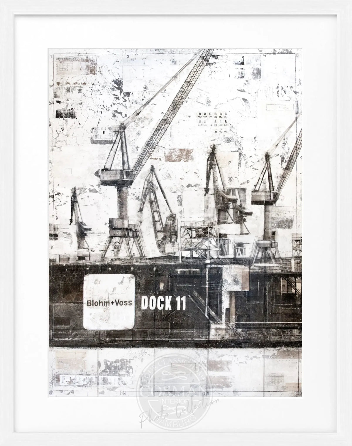 Schwarz-weißes Hamburg Dock Poster mit Rahmen, 25x31cm, von Cosman-Photocollection, ideal für Wanddekoration.