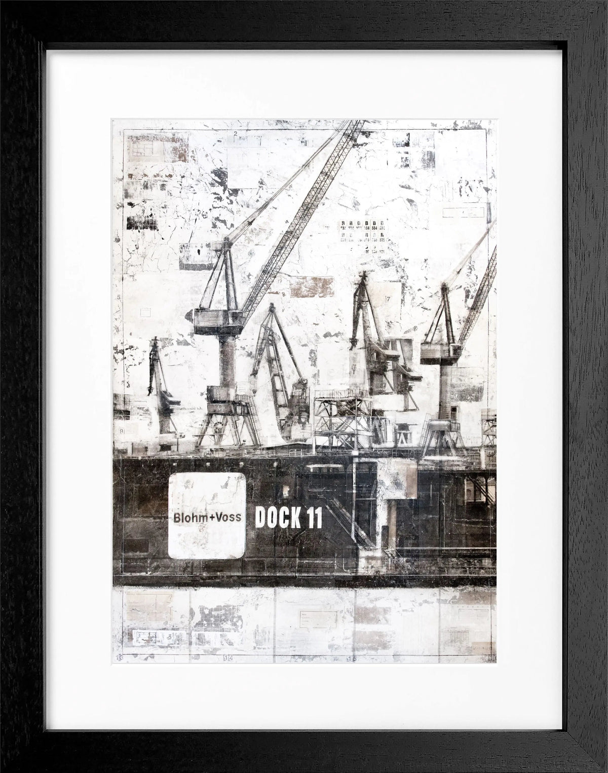 Schwarz-weiß Poster mit Rahmen von Hamburg Dock 11 GM77, 25x31cm, von Cosman-Photocollection, zeigt Hamburg Hafenansicht.