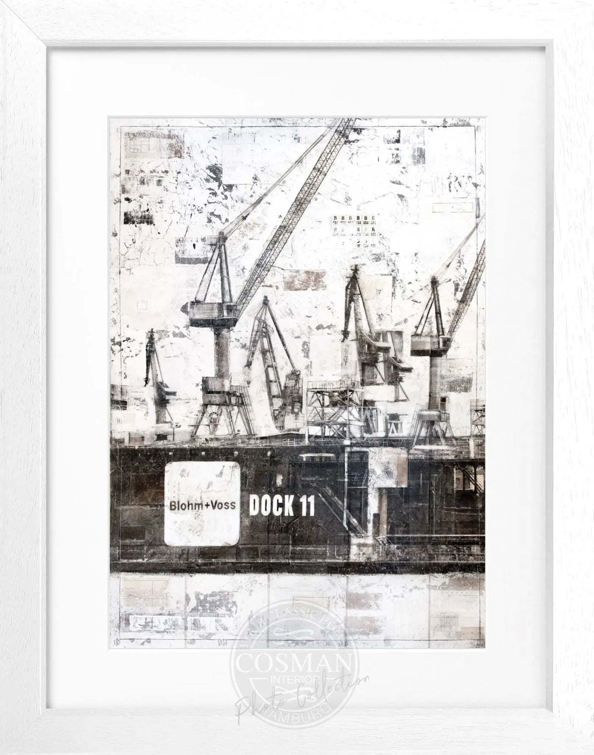 Schwarz-weiß Poster mit Rahmen, Hamburg Dock 11, von Cosman-Photocollection, 25x31 cm, detailreiche Hafenaufnahme