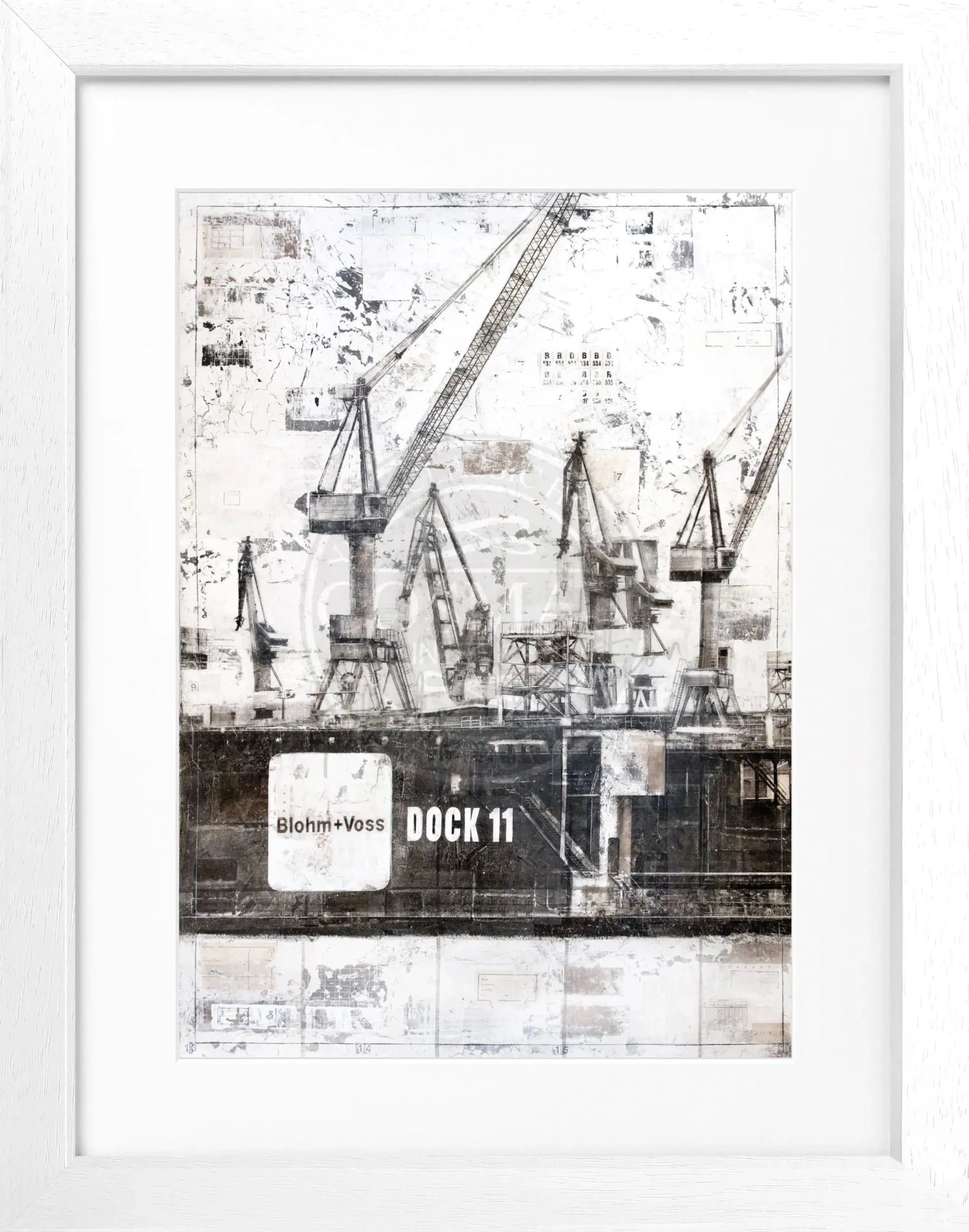 Schwarz-weiß Poster mit Rahmen, Hamburg Dock 11, von Cosman-Photocollection, 25x31 cm, detailreiche Hafenaufnahme