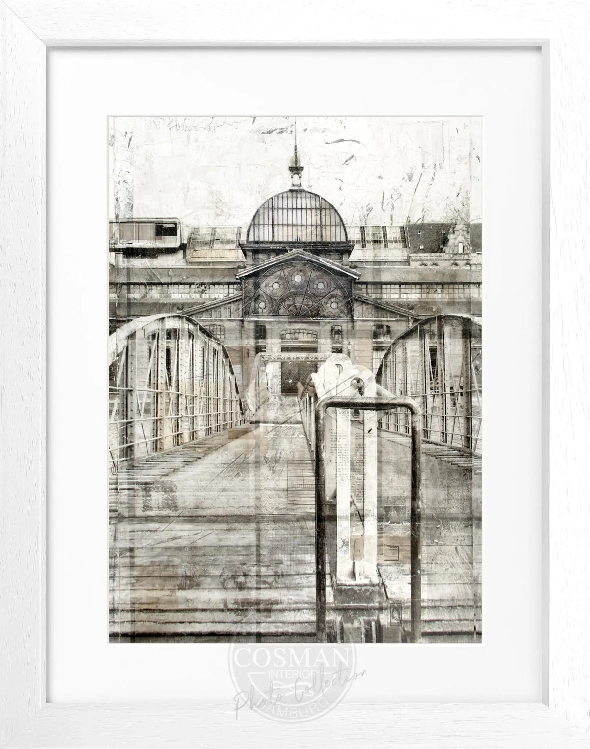 Schwarz-weißer Poster mit Rahmen, Hamburg Fischmarkt Motiv, von Cosman-Photocollection, 25x31 cm, Wanddekoration