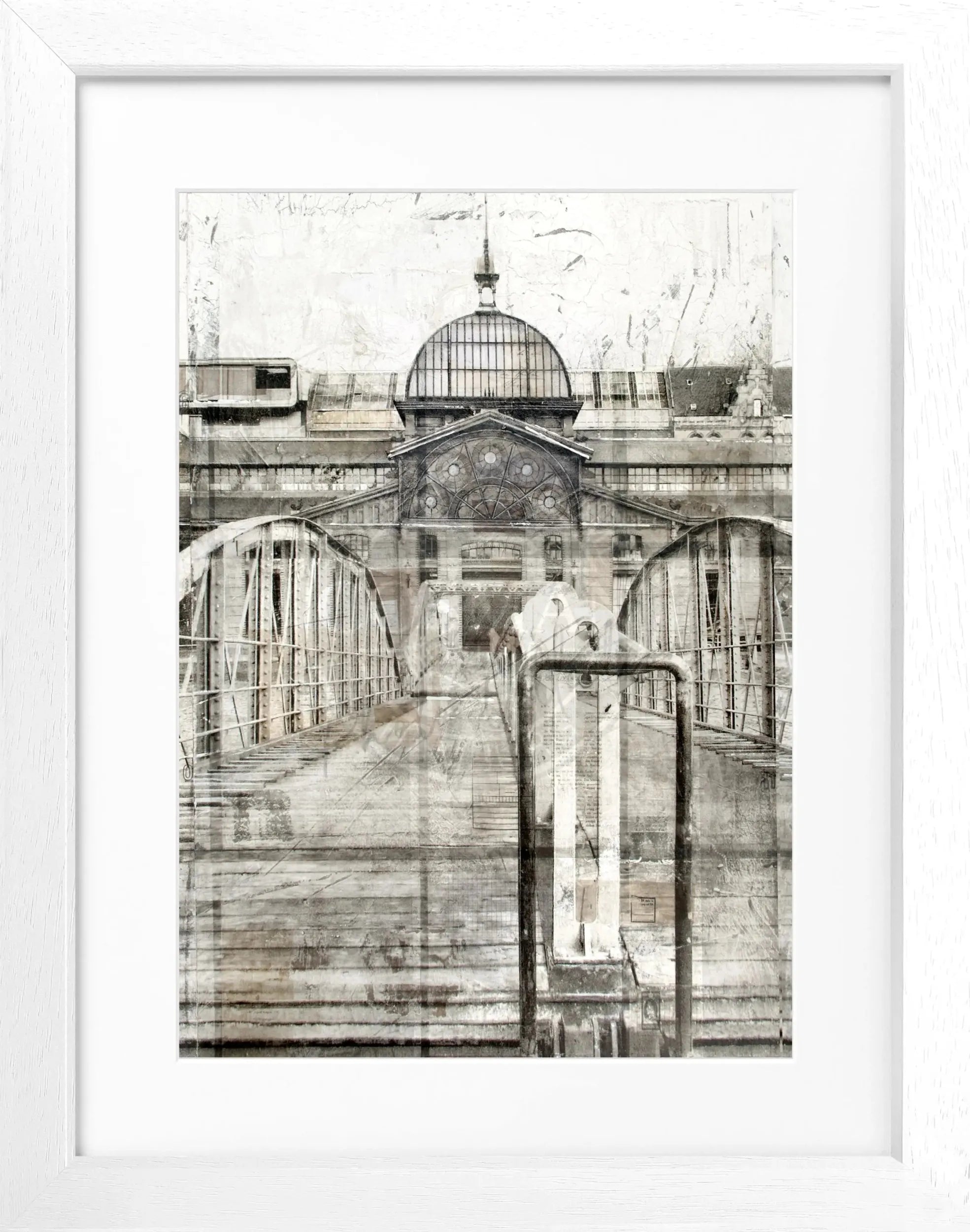 Schwarz-weißer Poster mit Rahmen, Hamburg Fischmarkt Motiv, von Cosman-Photocollection, 25x31 cm, Wanddekoration
