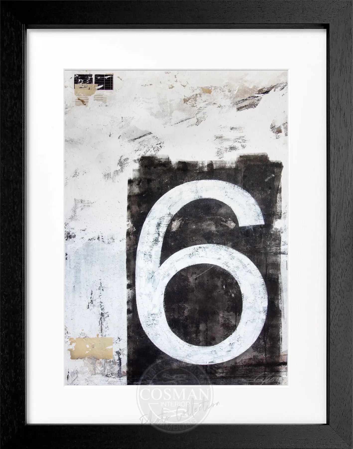 Schwarzweiß-Poster mit Rahmen, Kunstwerk ’Zahl sechs’ von Cosman-Photocollection, 25x31 cm, modernes Wandbild