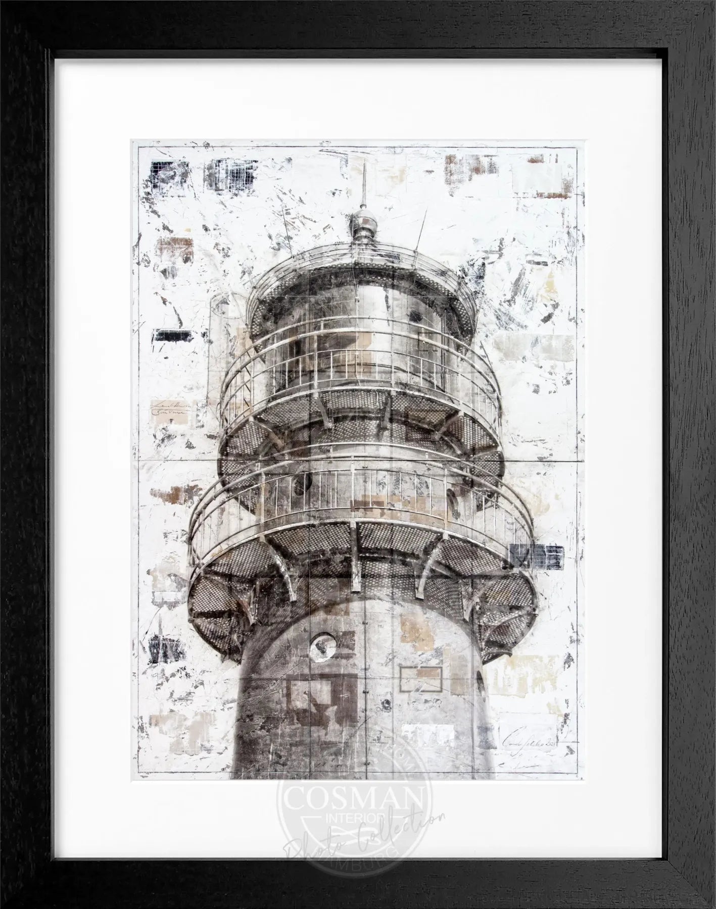 Schwarz-weißes Poster mit Leuchtturm in Rahmen, von Cosman-Photocollection, Maße 25x31 cm, Motiv aus Büsum.