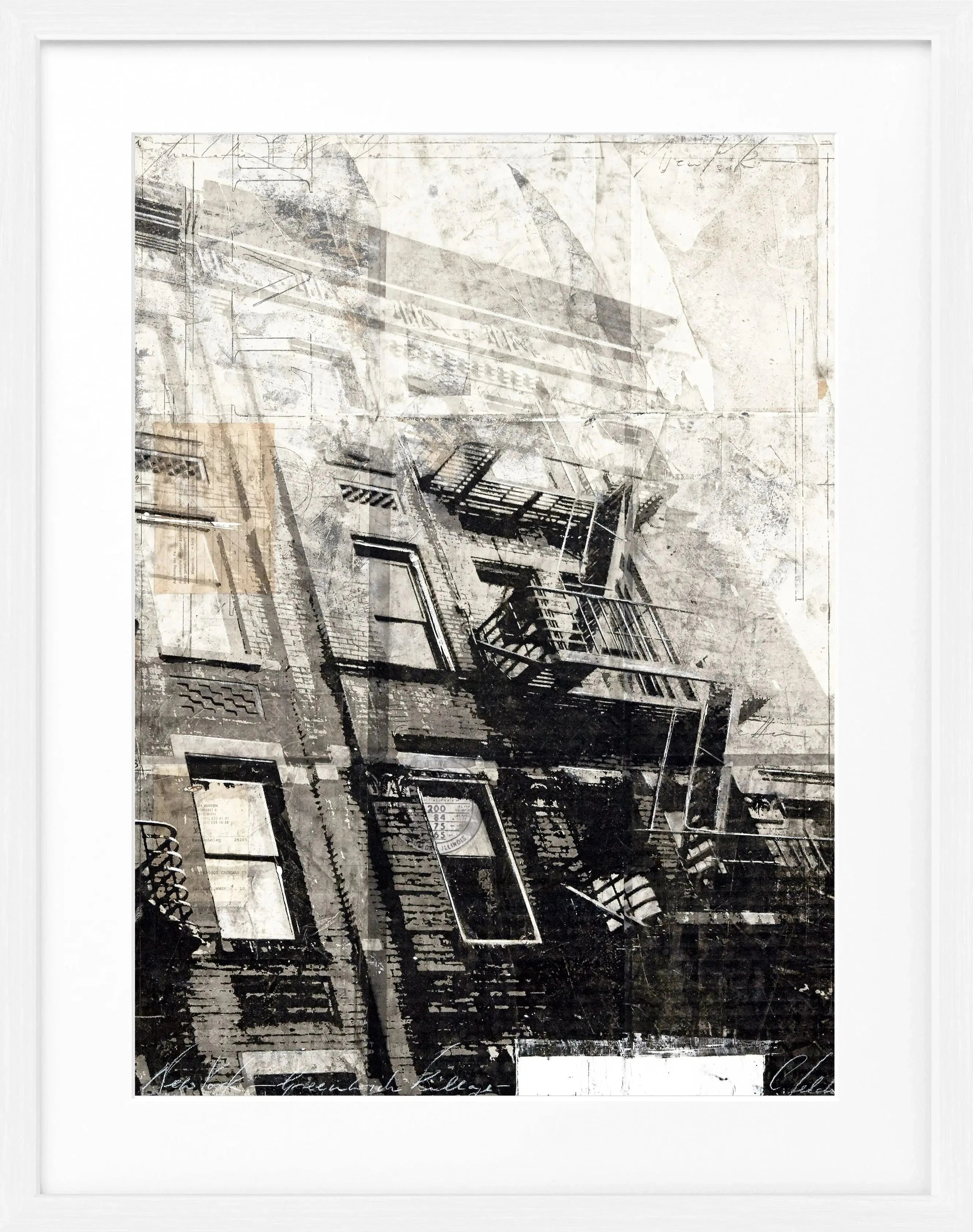 Schwarz-weißer Poster mit Rahmen von Cosman-Photocollection, zeigt eine NYC-Feuertreppe, Maße 25x31cm.