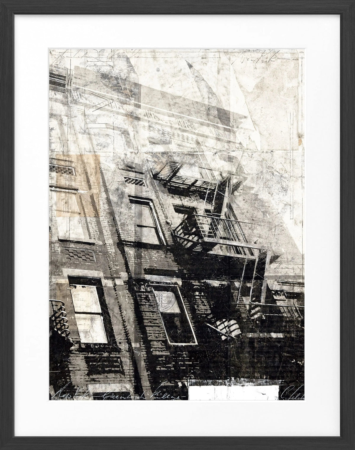 Schwarz-weiß Poster mit Rahmen von Cosman-Photocollection, NYC Feuertreppe, 25x31 cm, urbanes Stadtbild, Fotokunst.