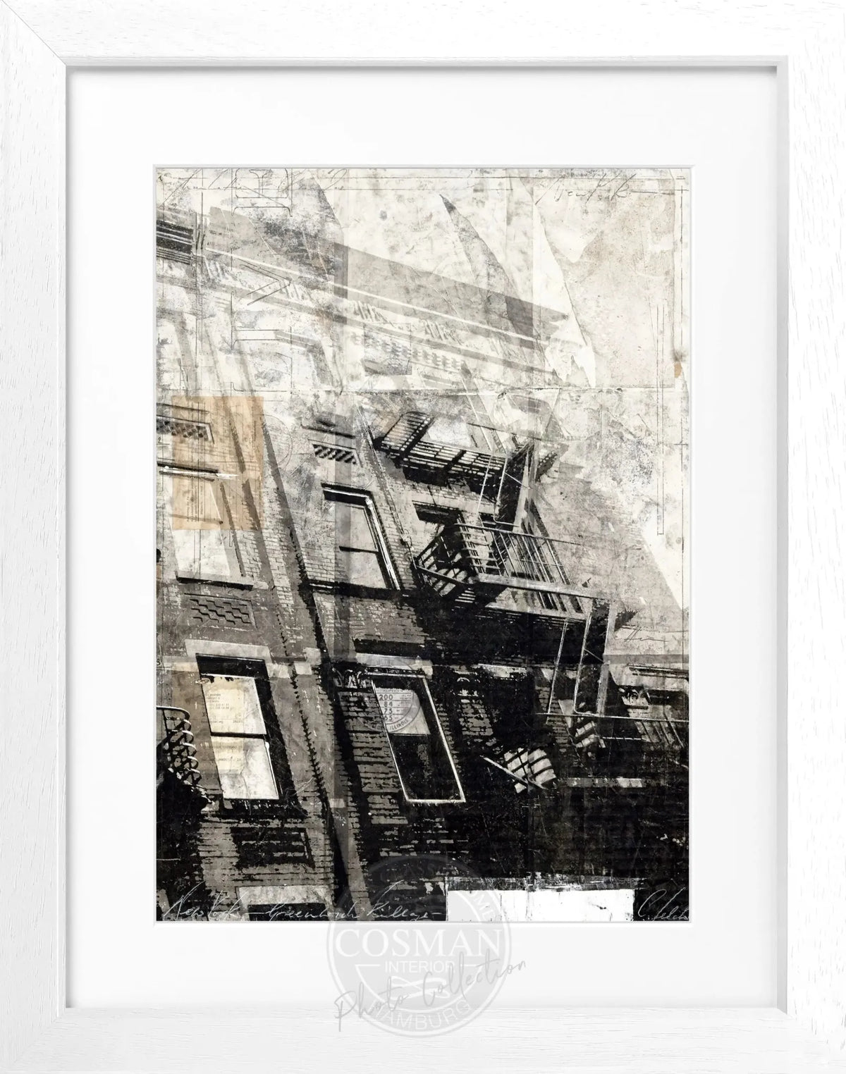 Schwarzes Poster mit Rahmen "NYC Feuertreppe" von Cosman-Photocollection, 25x31 cm, urbanes New York Motiv