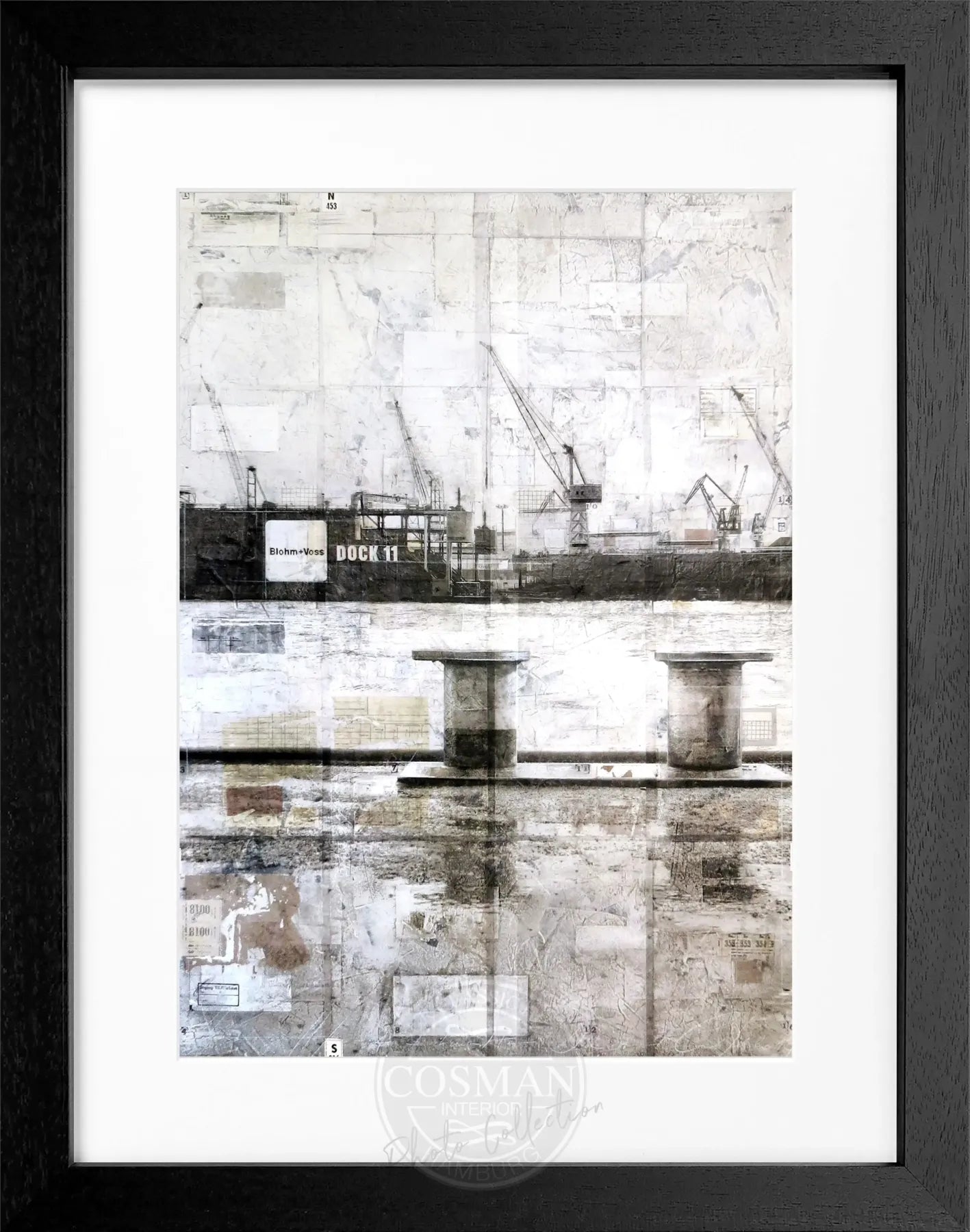 Schwarzweiß-Poster mit Rahmen, Poller im Hamburger Hafen, von Cosman-Photocollection, ca. 25x31 cm, maritime Dekoration