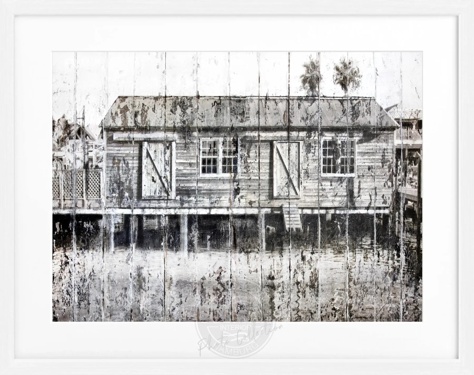 Gerahmtes Poster 'Boat House' Key West von Cosman-Photocollection, farbiger Meeresblick, 31x25cm, schwarzer Rahmen.