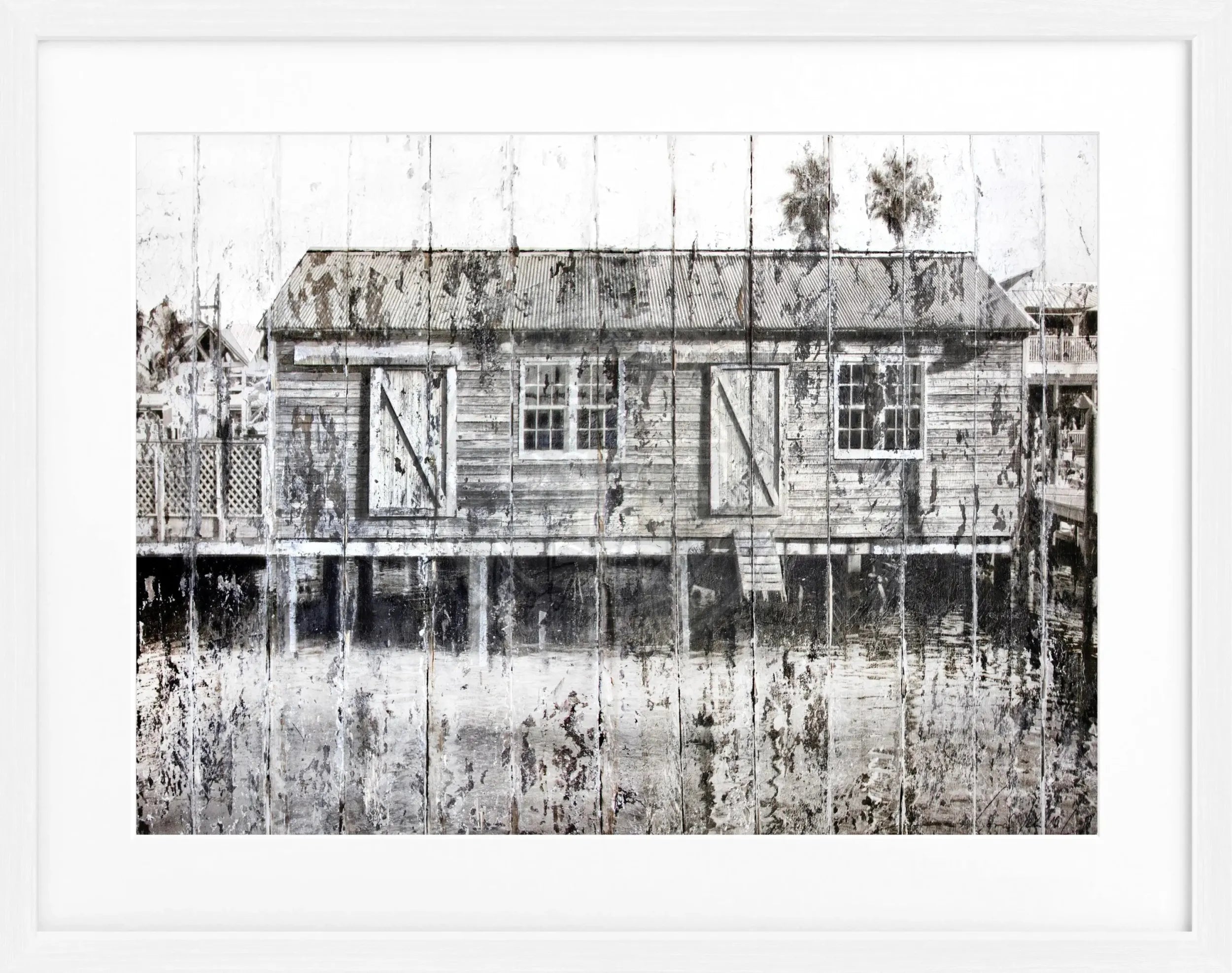 Gerahmtes Poster 'Boat House' Key West von Cosman-Photocollection, farbiger Meeresblick, 31x25cm, schwarzer Rahmen.