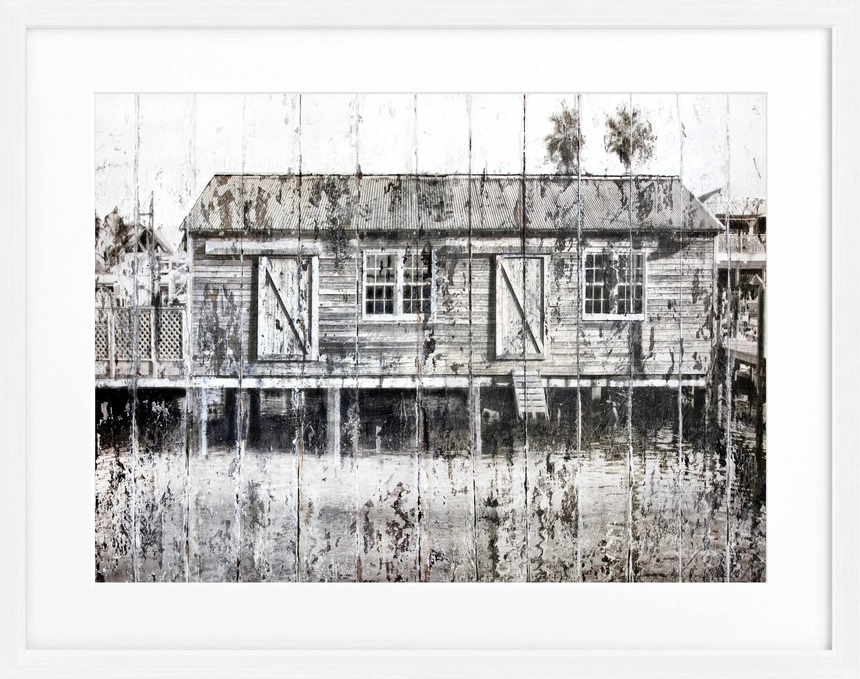 Gerahmtes Poster 'Boat House' Key West von Cosman-Photocollection, farbiger Meeresblick, 31x25cm, schwarzer Rahmen.