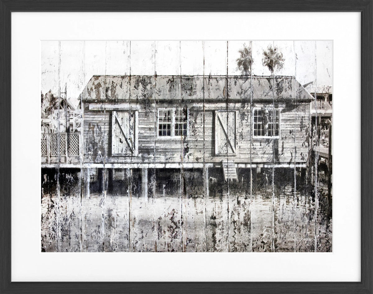 Schwarzweiß-Poster mit Rahmen ’Boat House’ Key West von Cosman-Photocollection, 31x25 cm, maritimes Motiv, Wanddekoration