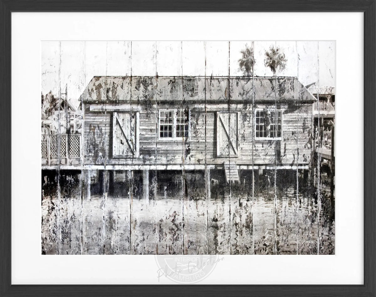 Schwarzweiß-Poster mit Rahmen ’Boat House’ Key West von Cosman-Photocollection, 31x25 cm, maritimes Motiv, Wanddekoration