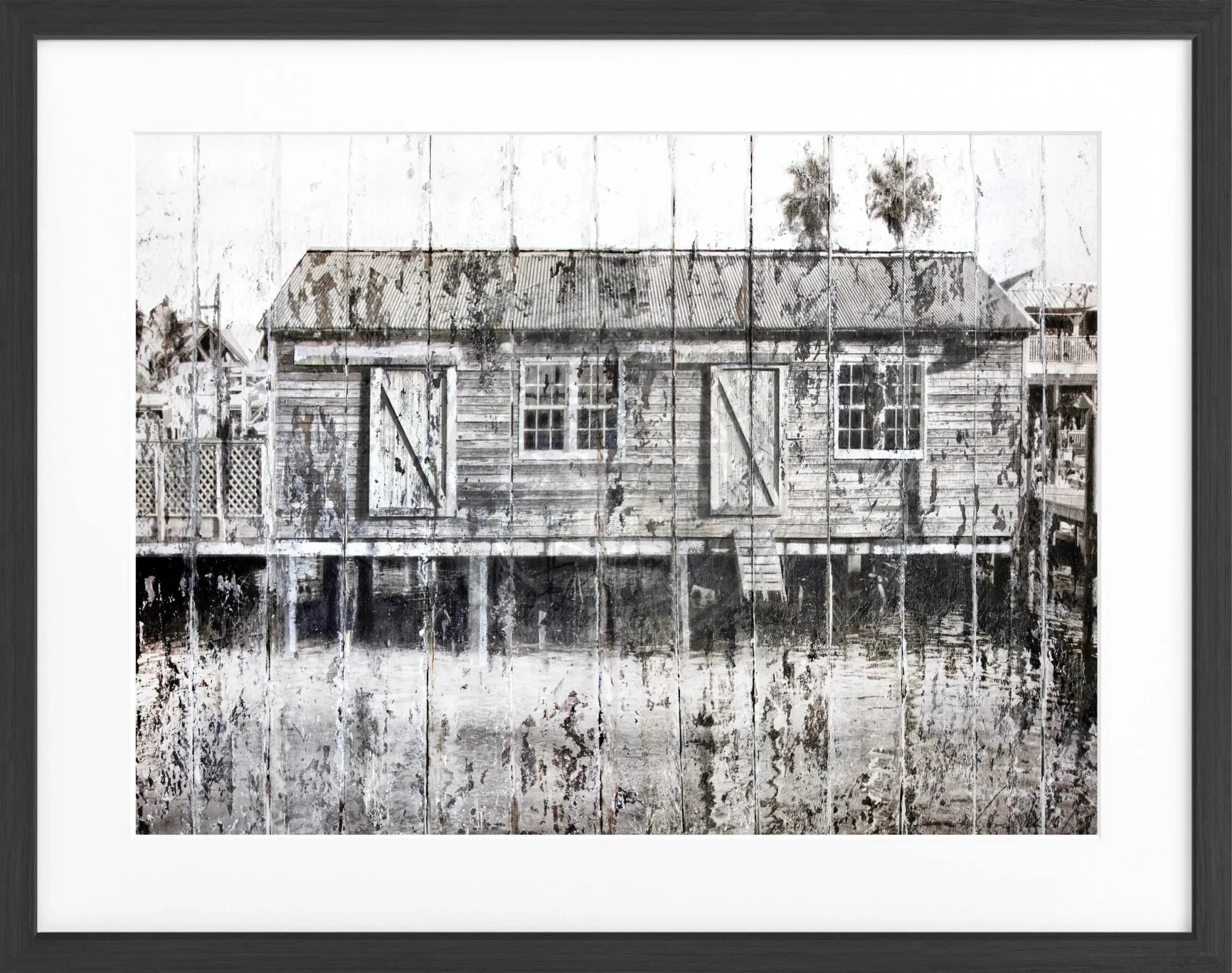 Schwarzweiß-Poster mit Rahmen ’Boat House’ Key West von Cosman-Photocollection, 31x25 cm, maritimes Motiv, Wanddekoration