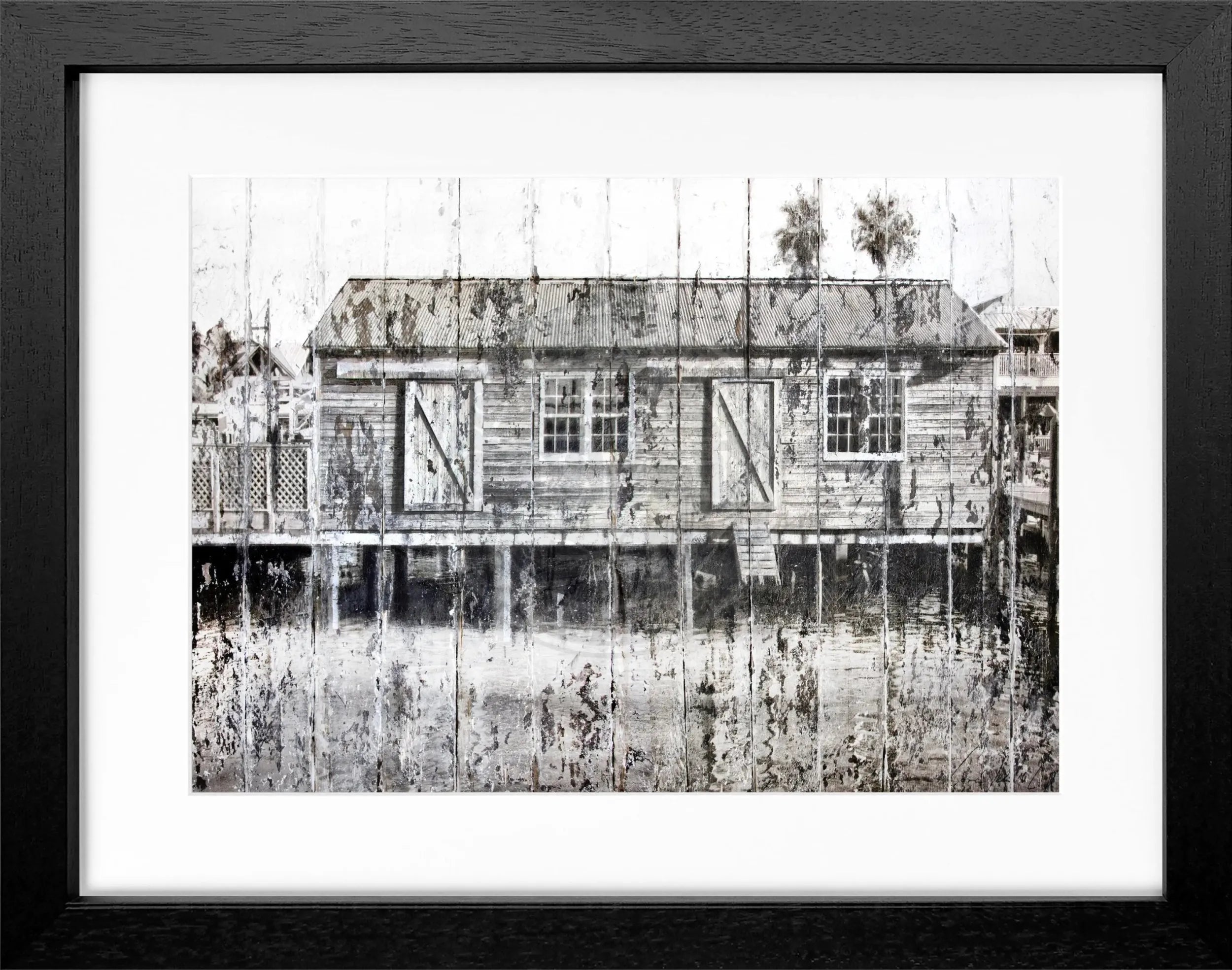 Schwarzweiß-Poster mit Rahmen ’Boat House’ Key West von Cosman-Photocollection, 31x25 cm, maritimes Motiv, dekoratives Wandbild