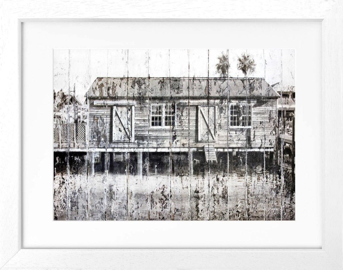 Schwarz-weißes Poster mit Rahmen von Cosman-Photocollection, Motiv 'Boat House' in Key West, 31x25 cm