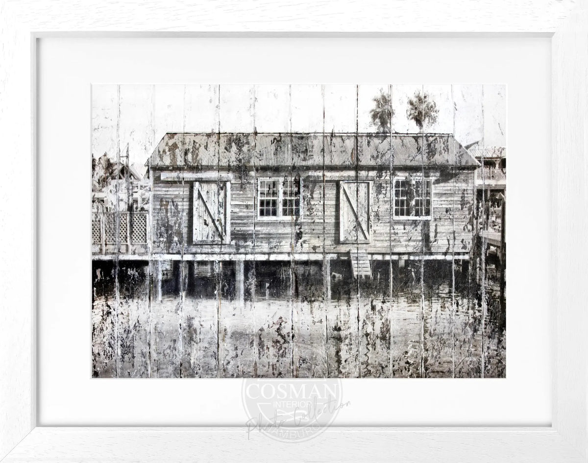 Schwarz-weißes Poster mit Rahmen von Cosman-Photocollection, Motiv 'Boat House' in Key West, 31x25 cm