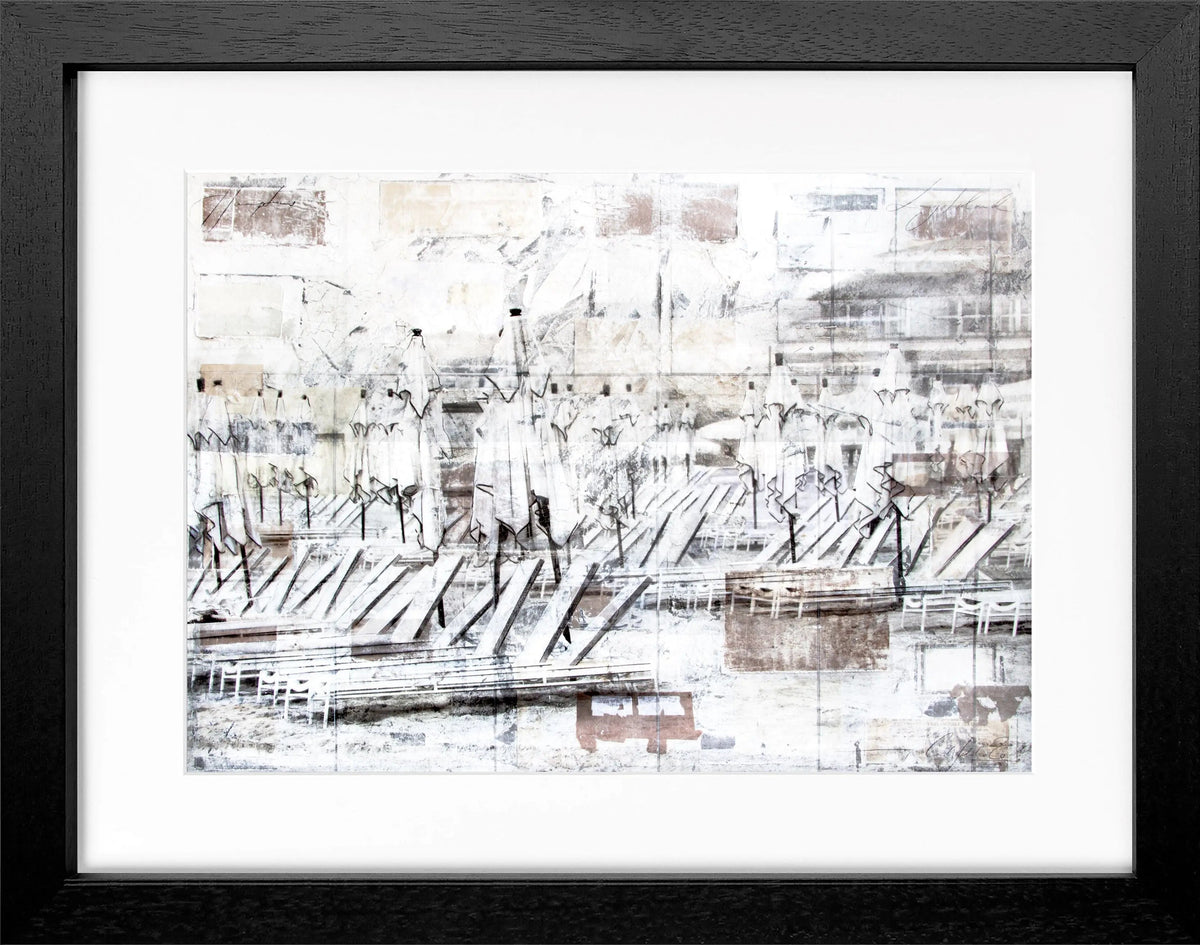 Gerahmtes Poster ’Beach’ von Cosman-Photocollection, Hamptons Long Island, mit schwarzem Rahmen, 31x25cm, maritime Strandansicht