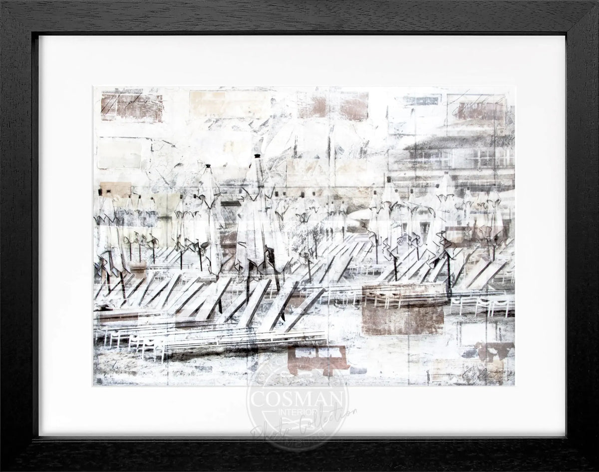 Gerahmtes Poster ’Beach’ von Cosman-Photocollection, Hamptons Long Island, mit schwarzem Rahmen, 31x25cm, maritime Strandansicht