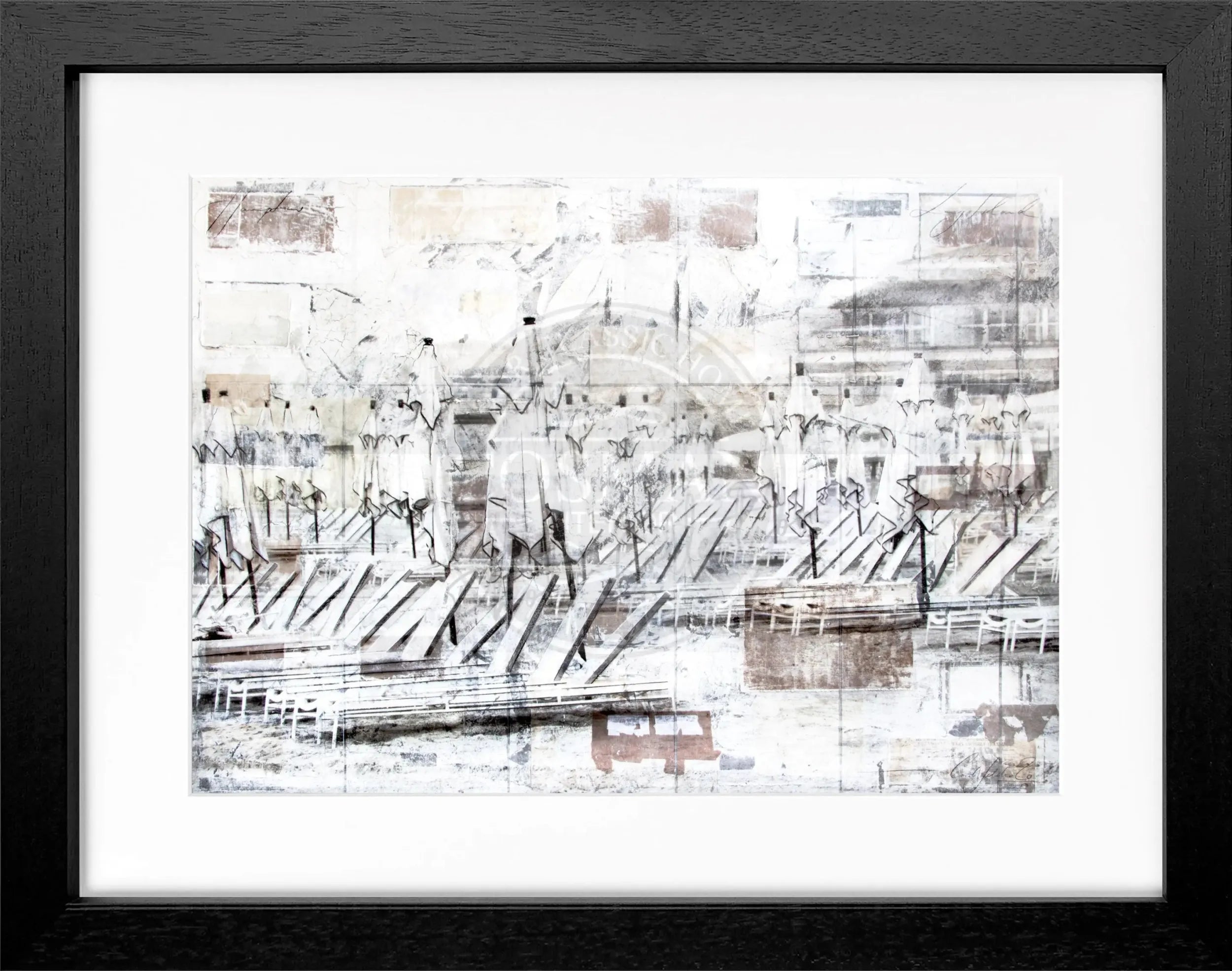 Gerahmtes Poster ’Beach’ von Cosman-Photocollection, Hamptons Long Island, mit schwarzem Rahmen, 31x25cm, maritime Strandansicht