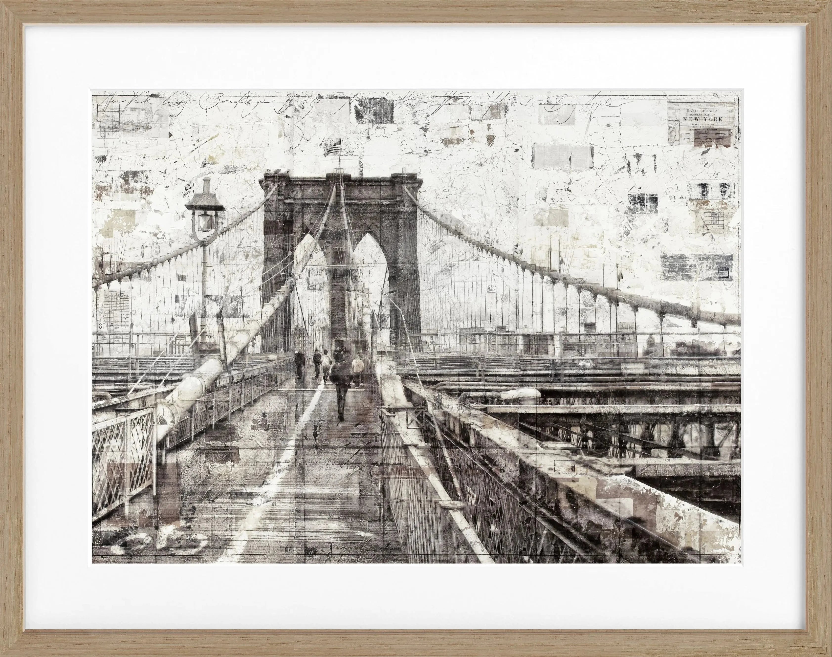 Schwarz-weiß Poster mit Rahmen von der Brooklyn Bridge, von Cosman-Photocollection, Bildgröße 31x25 cm