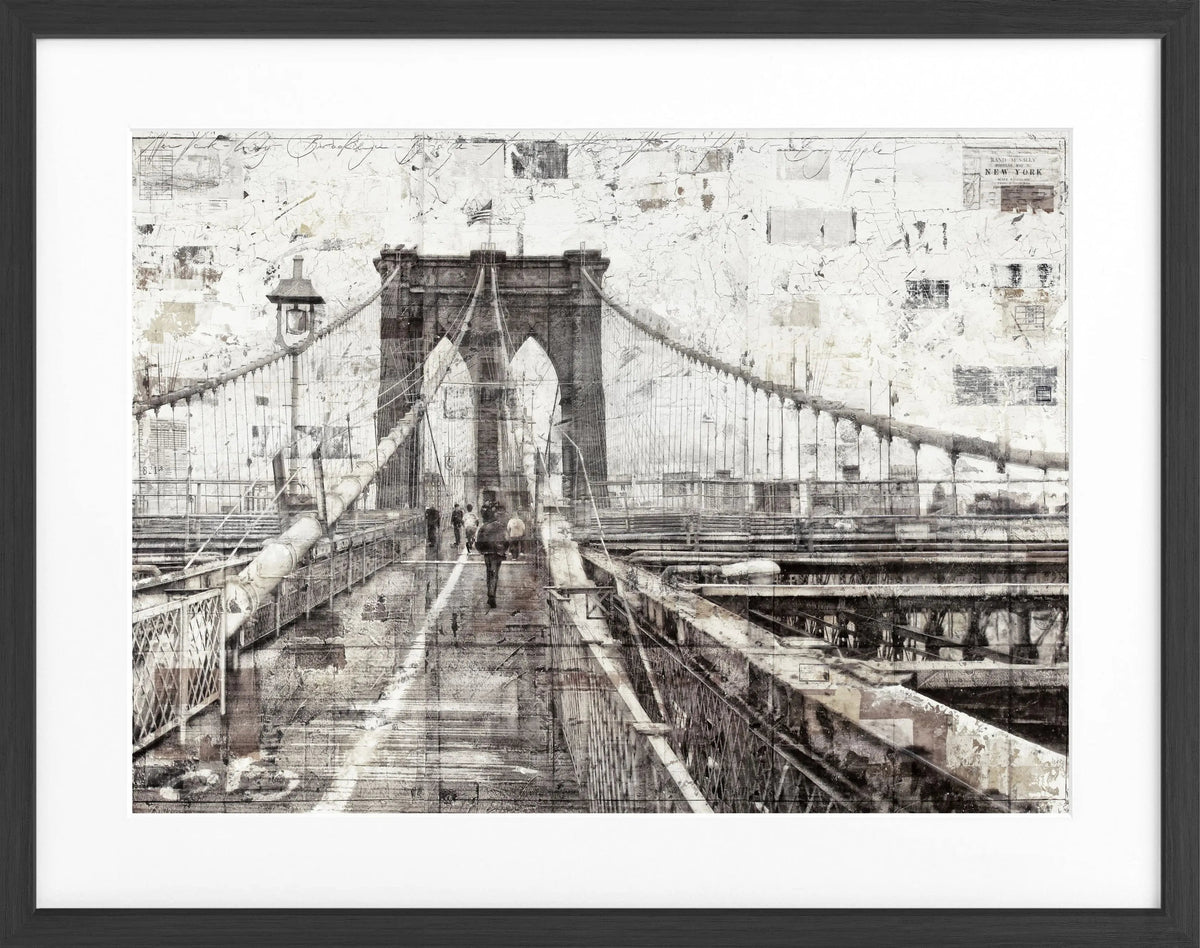 Schwarz-weiß Poster mit Rahmen von der Brooklyn Bridge, von Cosman-Photocollection, 31x25 cm, urbanes New York Motiv