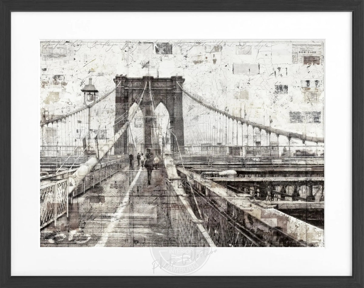 Schwarz-weiß Poster mit Rahmen von der Brooklyn Bridge, von Cosman-Photocollection, 31x25 cm, urbanes New York Motiv