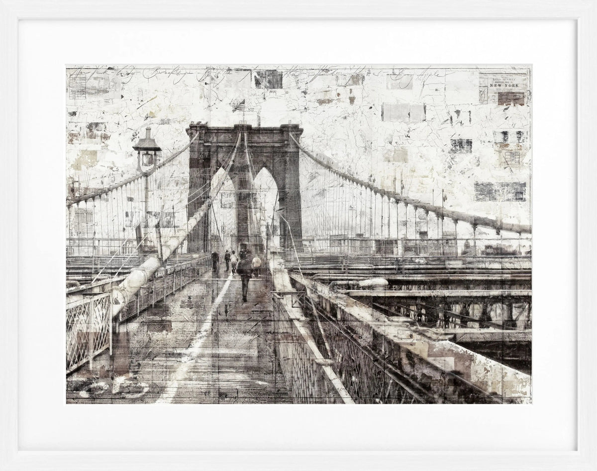 Schwarz-weiß Poster mit Rahmen von Brooklyn Bridge, von Cosman-Photocollection, 31x25 cm, urbanes Stadtbild