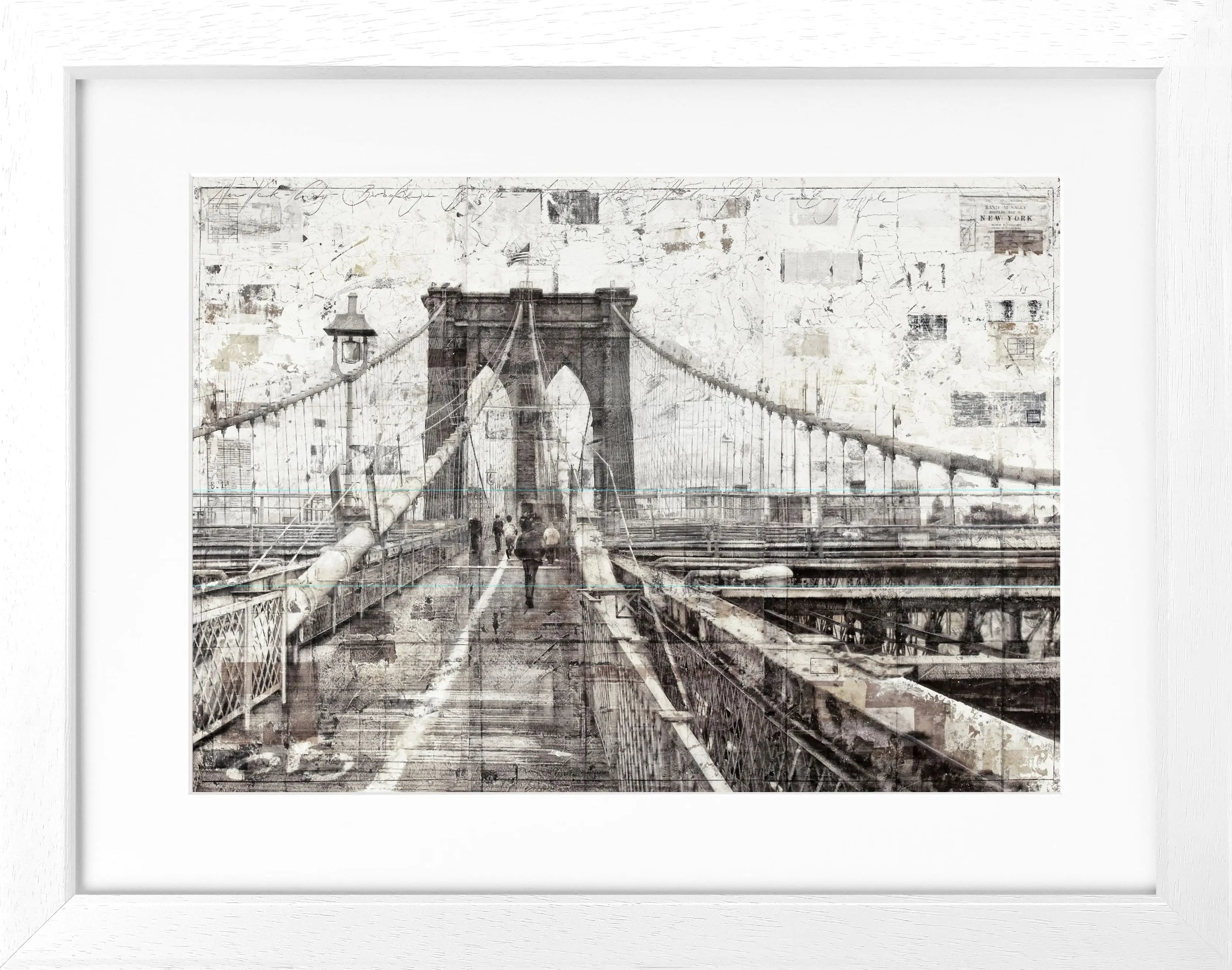 Schwarz-weiß Poster mit Rahmen von der Brooklyn Bridge, von Cosman-Photocollection, 31x25 cm, Kunstdruck für Wanddekoration