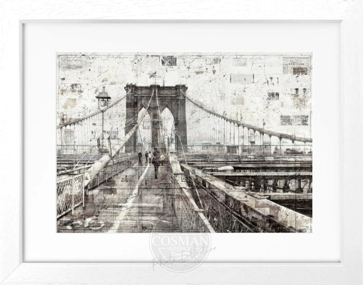 Schwarz-weiß Poster mit Rahmen von der Brooklyn Bridge, von Cosman-Photocollection, 31x25 cm, Kunstdruck für Wanddekoration