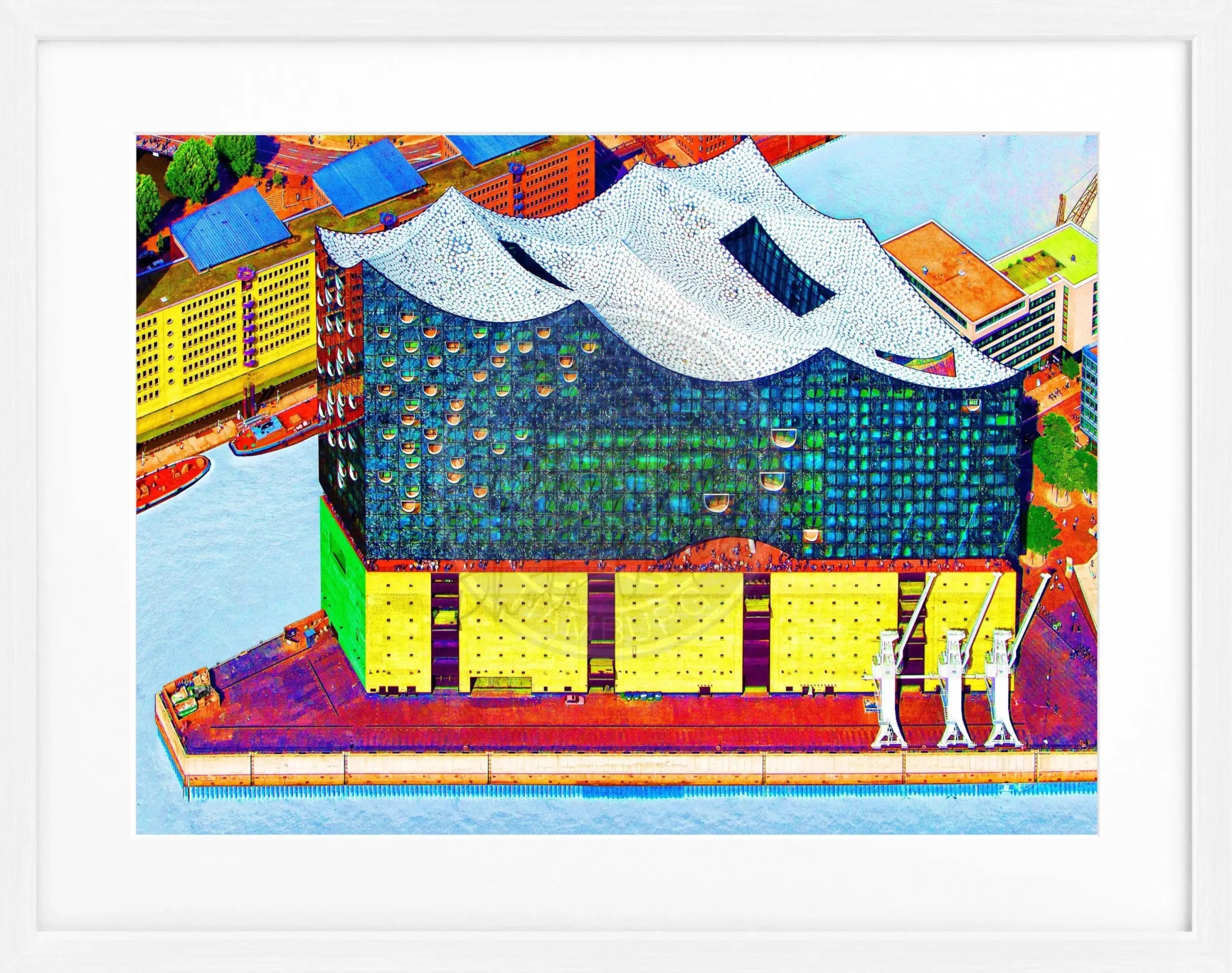 Gerahmtes Poster der Hamburg Elbphilharmonie in der Color Edition, von Cosman-Photocollection, 31x25 cm, farbige Architekturaufnahme