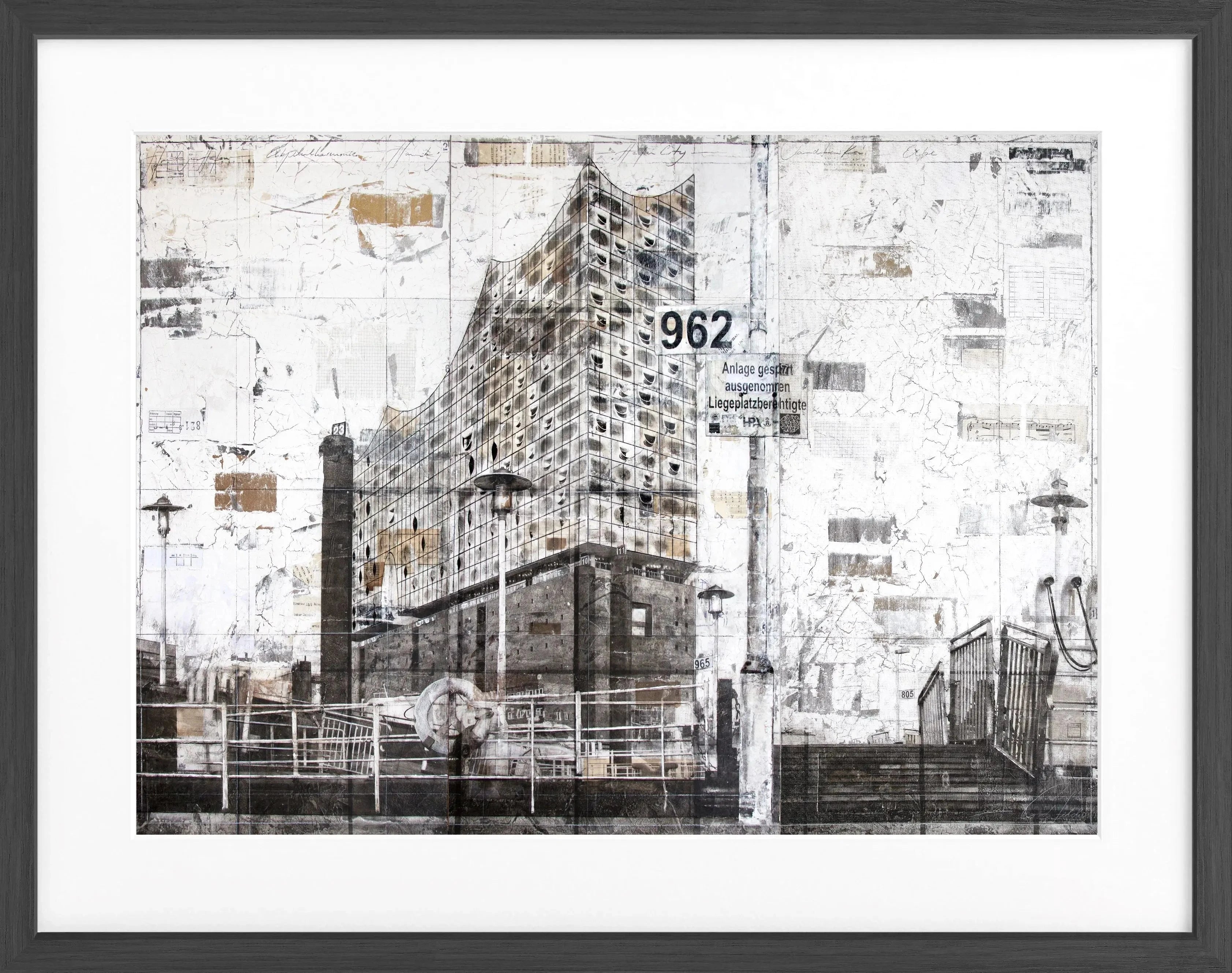 Schwarz-weiß Poster mit Rahmen der Elbphilharmonie Hamburg von Cosman-Photocollection, 31x25 cm, kunstvolles Musikarchitektur-Design