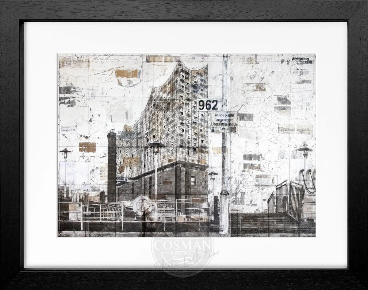 Schwarz-weiß Poster mit Rahmen der Elbphilharmonie Hamburg, von Cosman-Photocollection, 31x25 cm, Wanddekoration