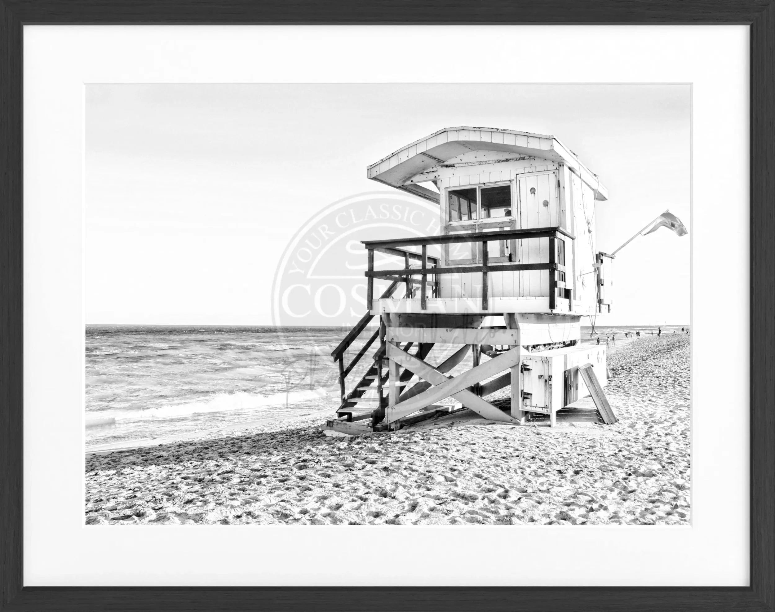Schwarzweiß-Poster mit Rahmen von Miami Beach Florida, 31x25 cm, von Cosman-Photocollection, zeigt eine Strandlandschaft