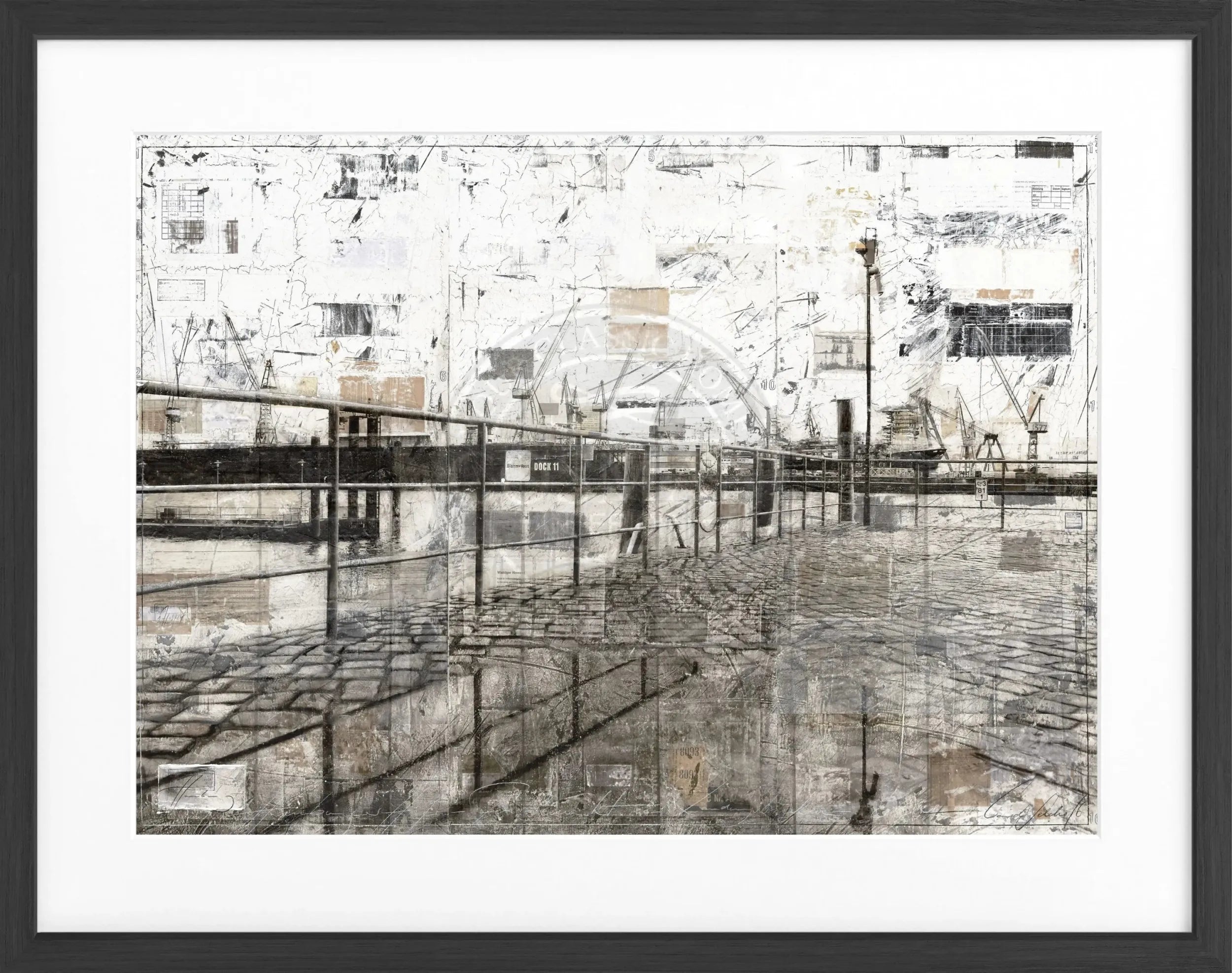 Schwarz-weiß Poster mit Rahmen von Hafen Hamburg, von Cosman-Photocollection, 31x25cm, maritime Stadtansicht.