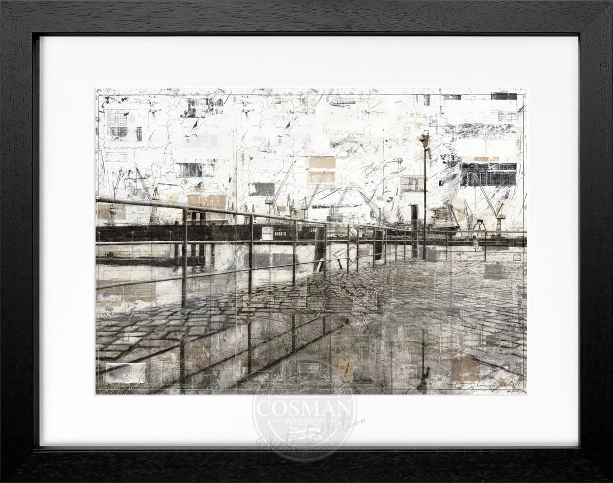 Schwarzes Poster mit Rahmen von Cosman-Photocollection, Hafen Hamburg, 31x25cm, Fotografie mit maritimen Hafenmotiv.