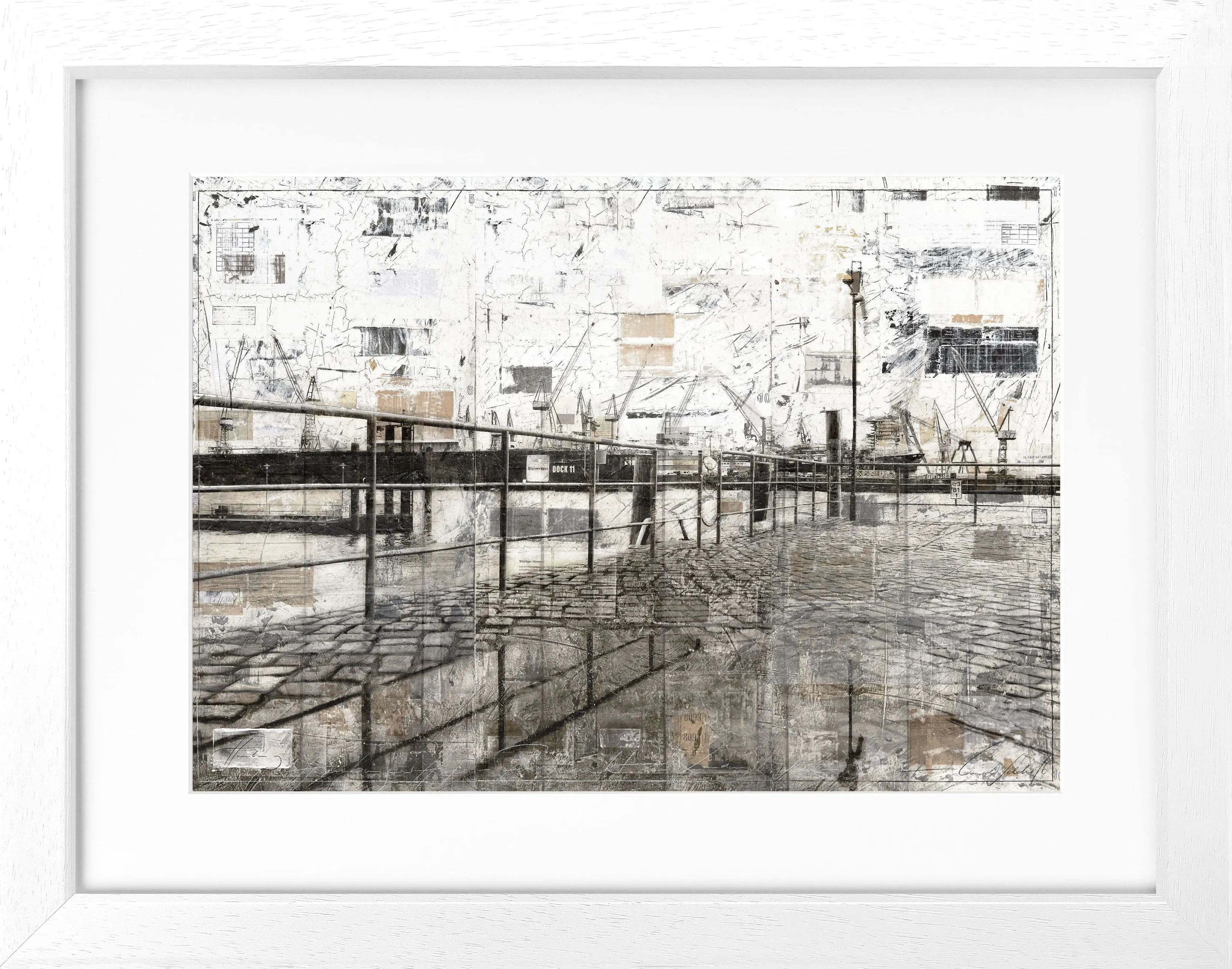 Schwarz-weiß Poster mit Rahmen, Hamburg Hafen Motiv, von Cosman-Photocollection, 31x25cm, Kunst- und Stadtbild Dekoration.