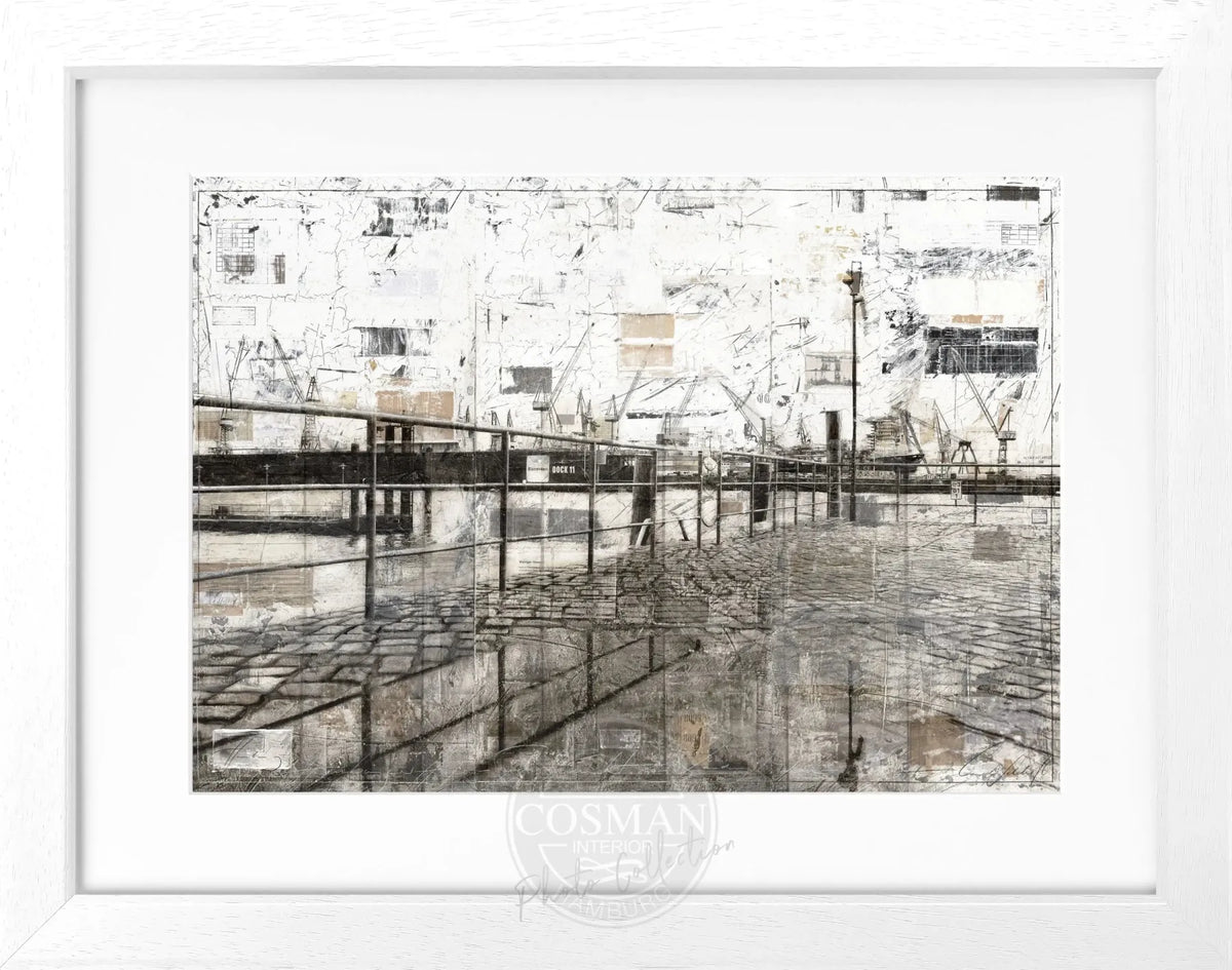 Schwarz-weiß Poster mit Rahmen, Hamburg Hafen Motiv, von Cosman-Photocollection, 31x25cm, Kunst- und Stadtbild Dekoration.