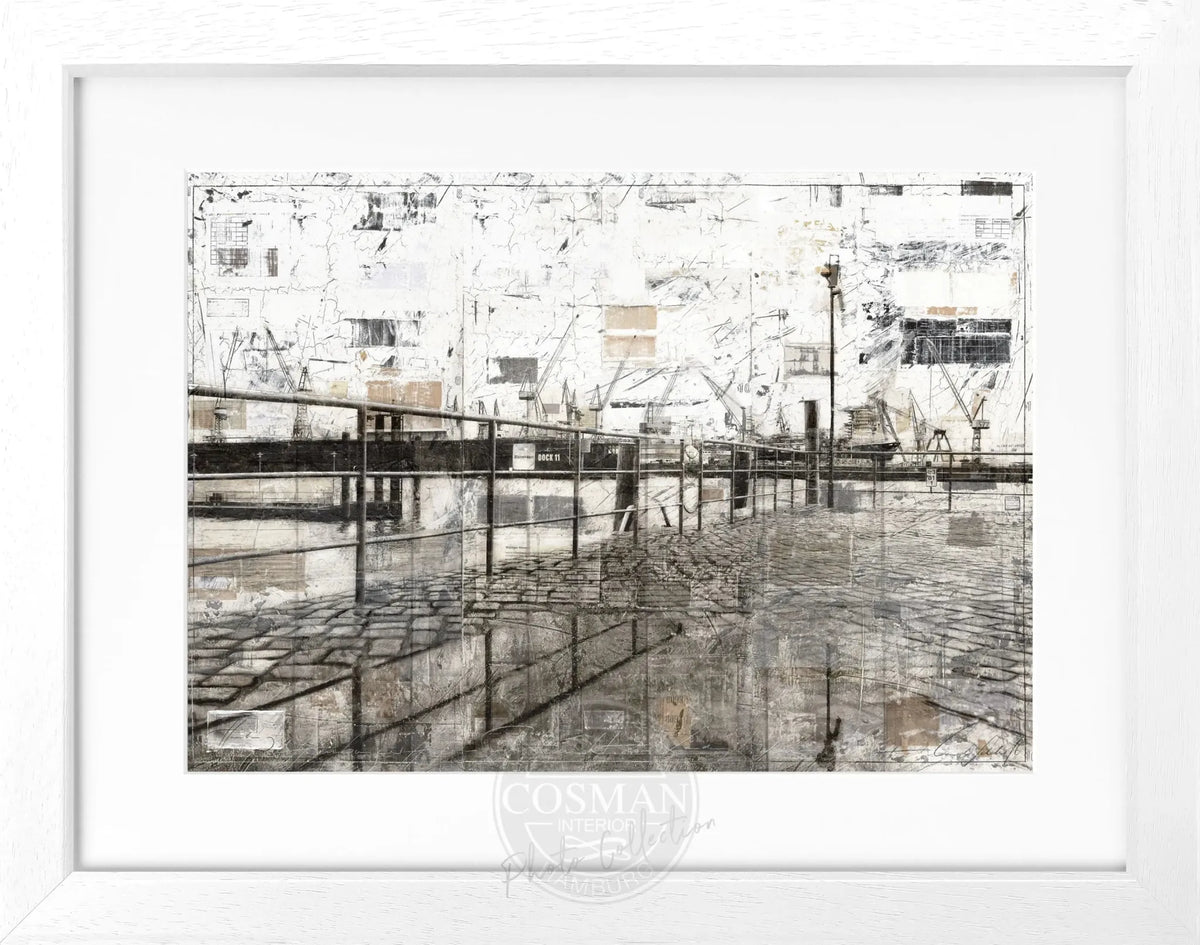 Schwarz-weiß Poster mit Rahmen, Hamburg Hafen Motiv, von Cosman-Photocollection, 31x25cm, Kunst- und Stadtbild Dekoration.