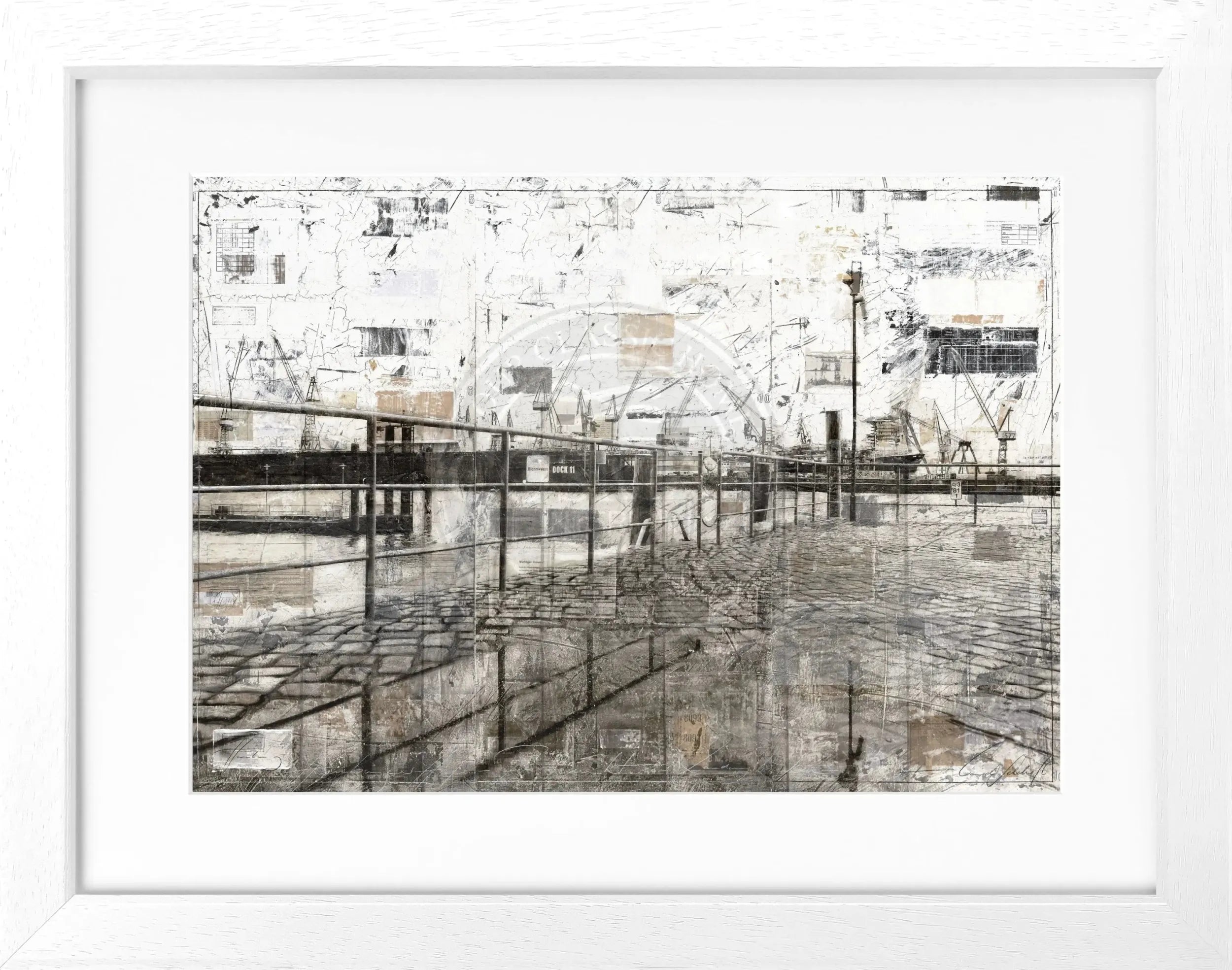 Schwarz-weiß Poster mit Rahmen, Hamburg Hafen Motiv, von Cosman-Photocollection, 31x25cm, Kunst- und Stadtbild Dekoration.
