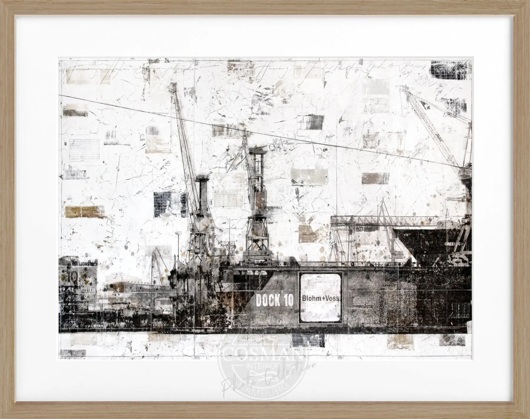 Schwarzweiß Poster mit Rahmen von Hamburg Dock 10 von Cosman-Photocollection, 31x25cm, urbanes Hafenmotiv